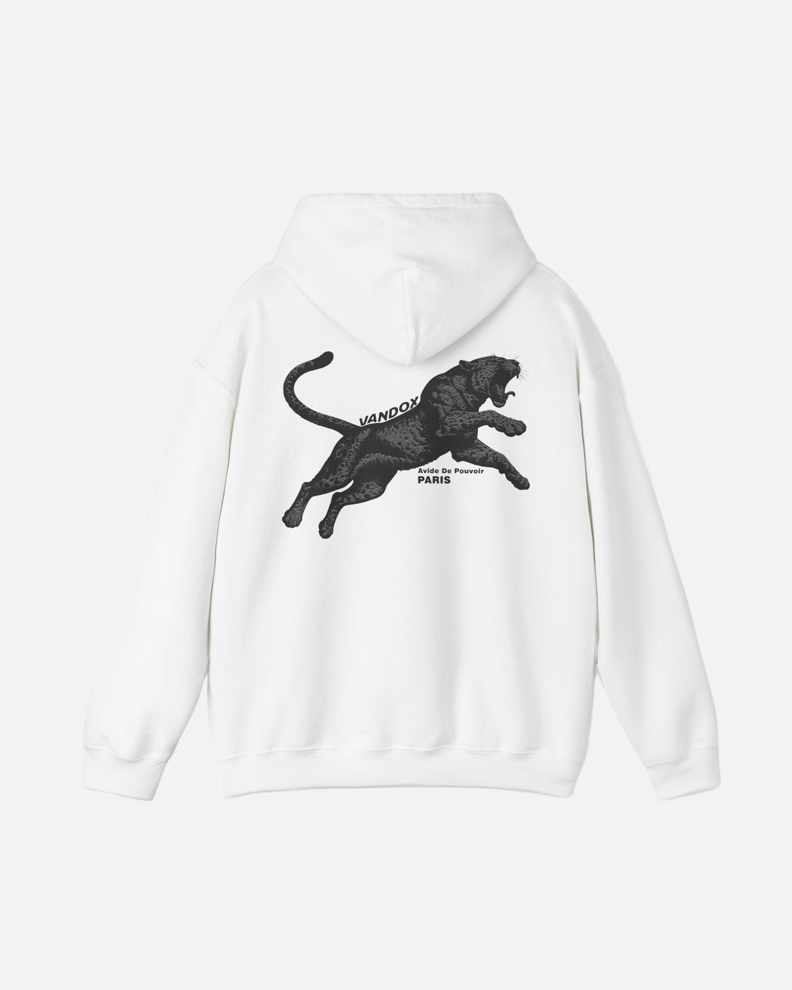 Back view of the Eggshell White Noir Pounce Hoodie by Vandox featuring bold black panther graphic with “Avide de Pouvoir Paris” text. Starboy old money hoodie sweatshirt clothes vandox sacrevandox vandox clothes vandox clothing