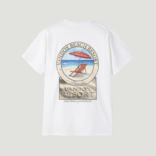 Back view of the Eggshell White Paradise Resort Tee by Vandox with vintage beach graphic, “Vandox Beach Resort” and “More Drinks Less Problems” text. Starboy old money shirt tshirt clothes vandox sacrevandox vandox clothes vandox clothing