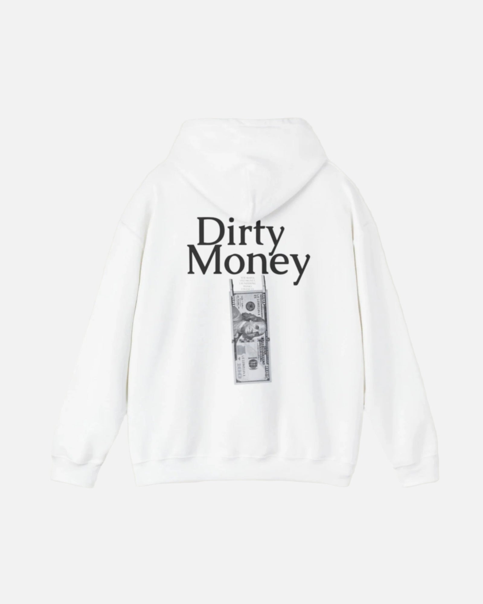 White Vandox Hoodie with "Dirty Money" text and a graphic of a banknote hanging to dry on the back. Starboy old money hoodie sweatshirt clothes vandox sacrevandox vandox clothes vandox clothing