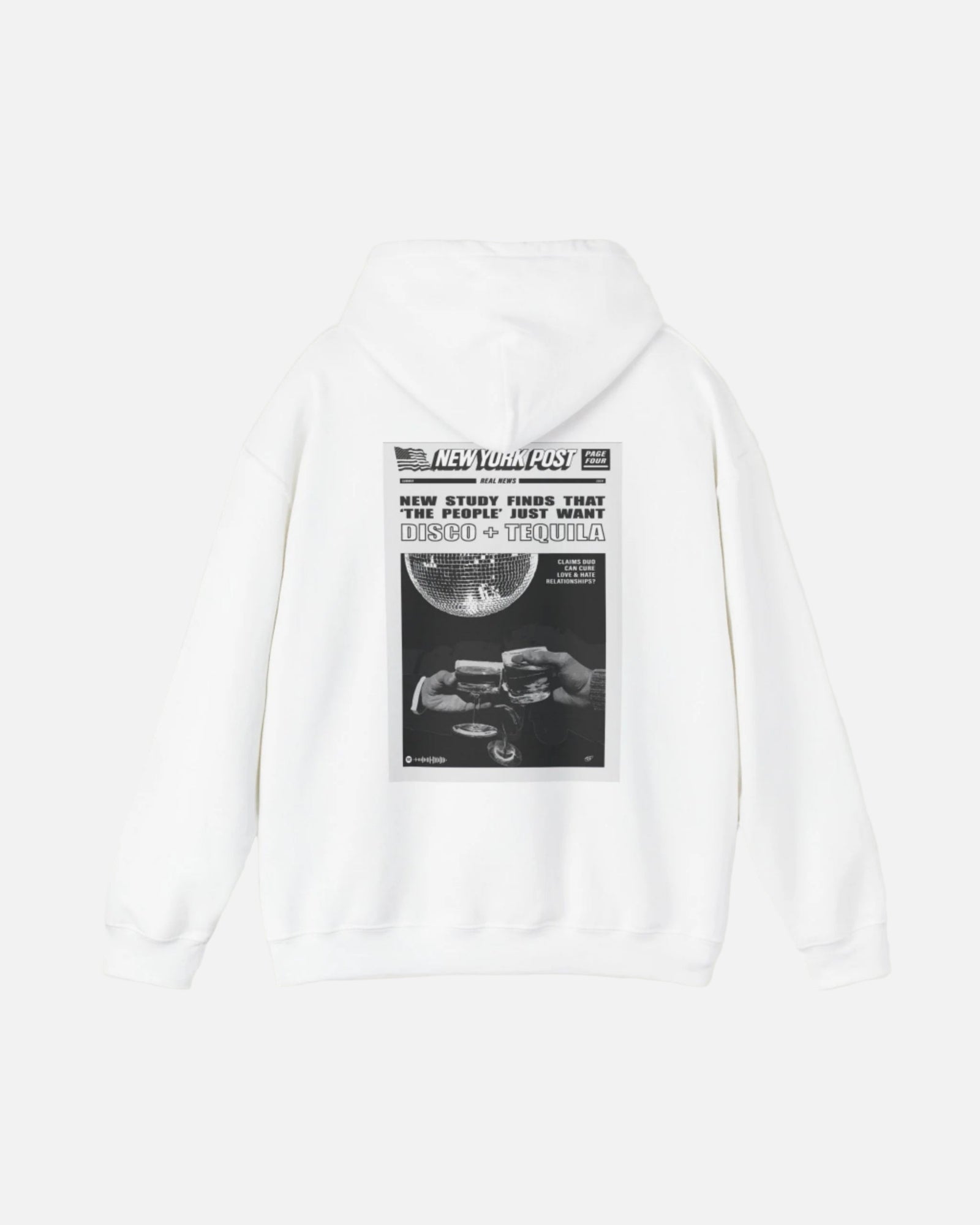 White Vandox graphic Hoodie with newspaper-style graphic Disco + Tequila Graphic Hoodie back view - Vandox. Starboy old money hoodie sweatshirt clothes vandox sacrevandox vandox clothes vandox clothing