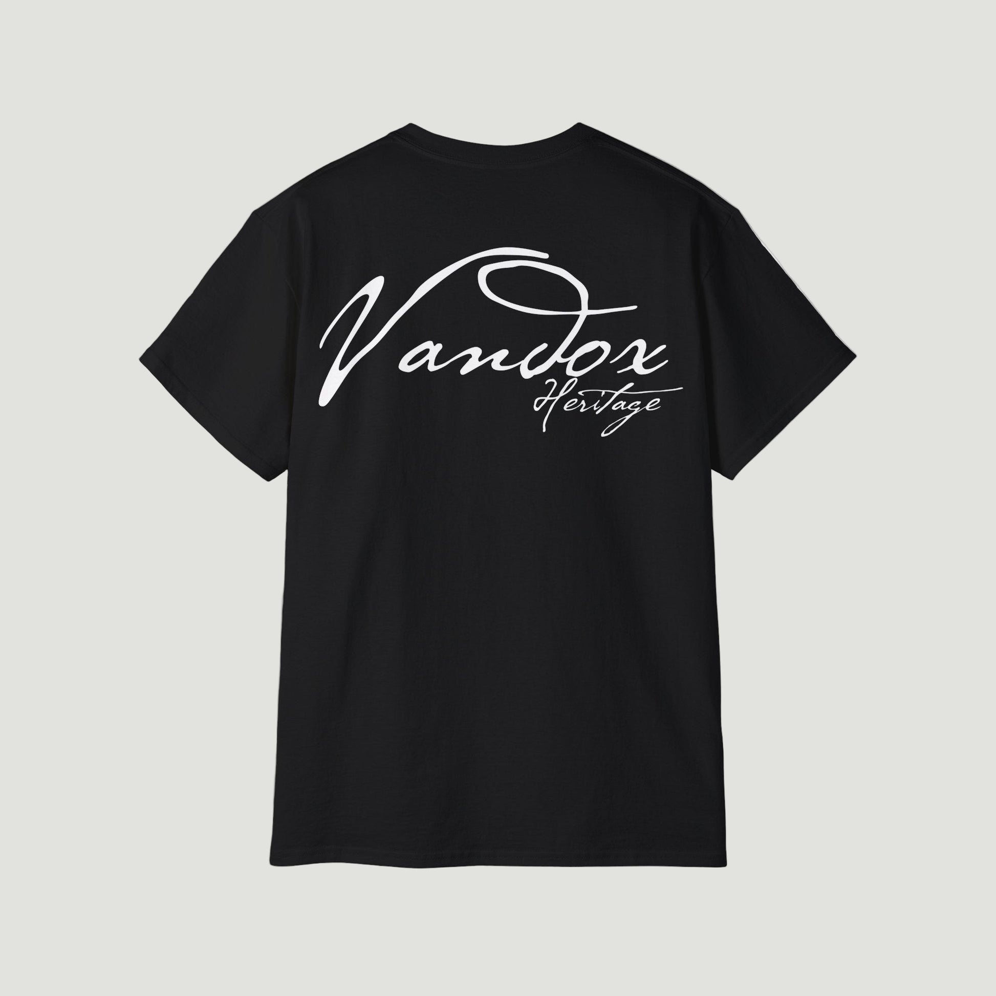 Back view of Deep Black Noiré Heritage T-Shirt featuring bold white Vandox Heritage signature. Starboy old money shirt tshirt clothes vandox sacrevandox vandox clothes vandox clothing