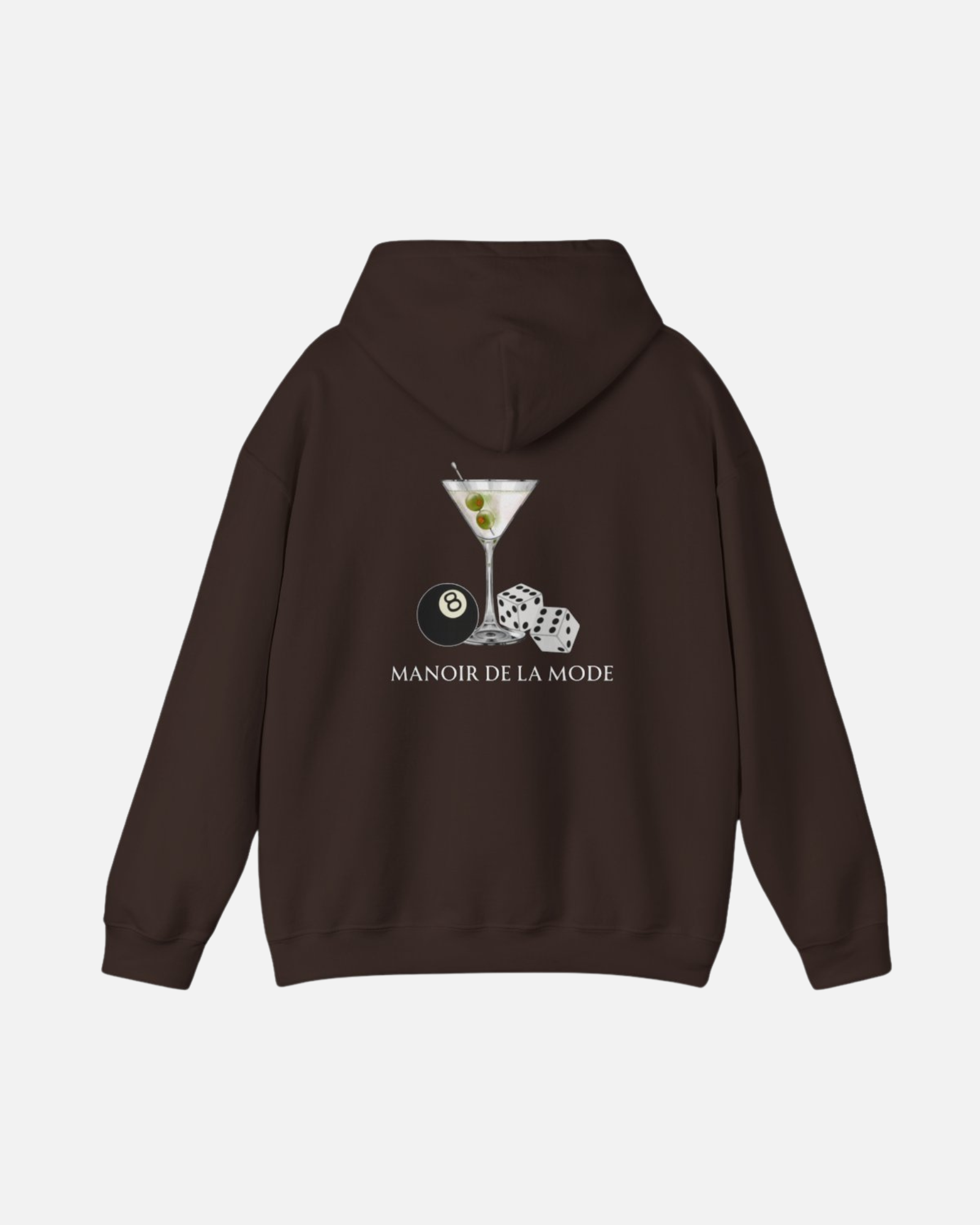 Dark Chocolate Dark Brown Vandox Hoodie with 8 ball pool ball dices martini glass and text Manoir De La Mode French fashion text. Saint Moritz St. Moritz Monaco Ski resort skiing clothes winter clothing  Starboy old money hoodie sweatshirt clothes vandox sacrevandox vandox clothes vandox clothing