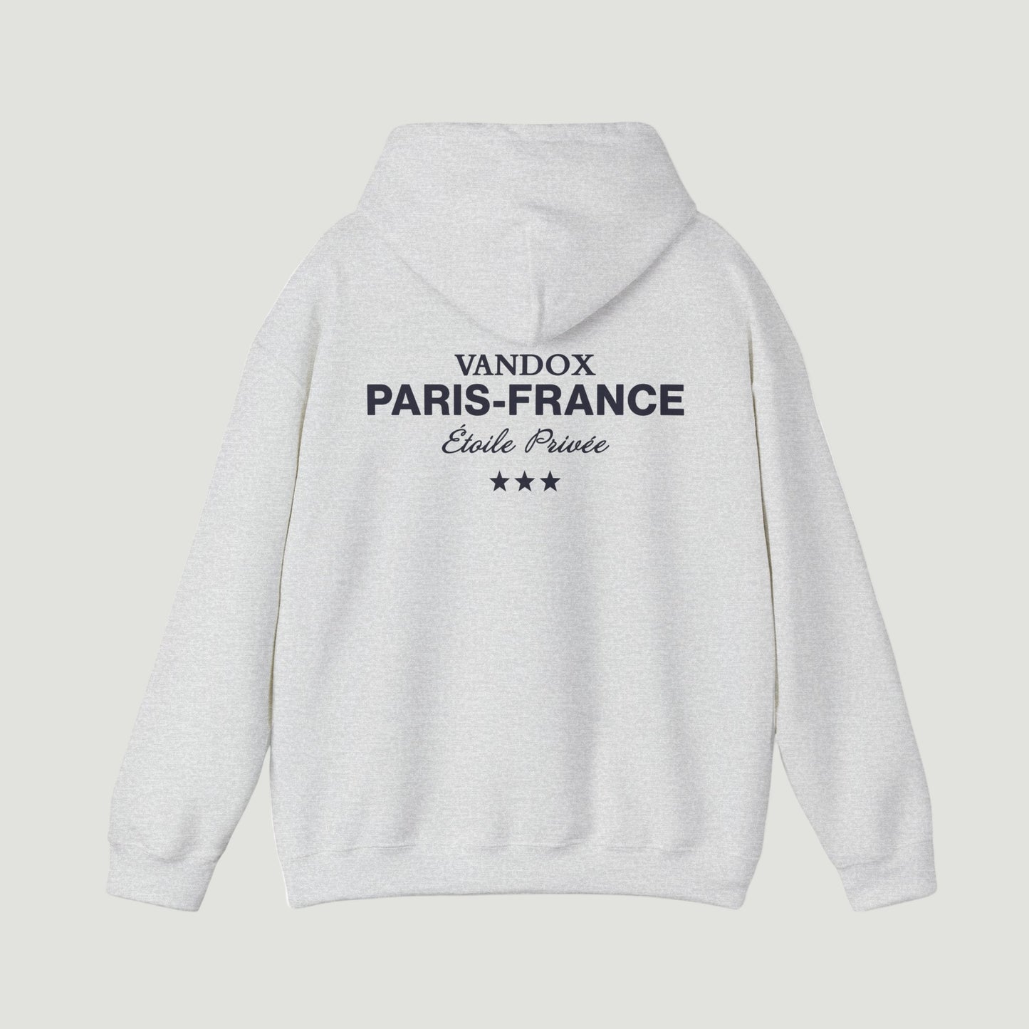 Back view of the Vandox sport grey ash Paris Heritage Hoodie featuring “Vandox Paris-France Étoile Privée” text and three-star graphic. Starboy old money hoodie sweatshirt clothes vandox sacrevandox vandox clothes vandox clothing