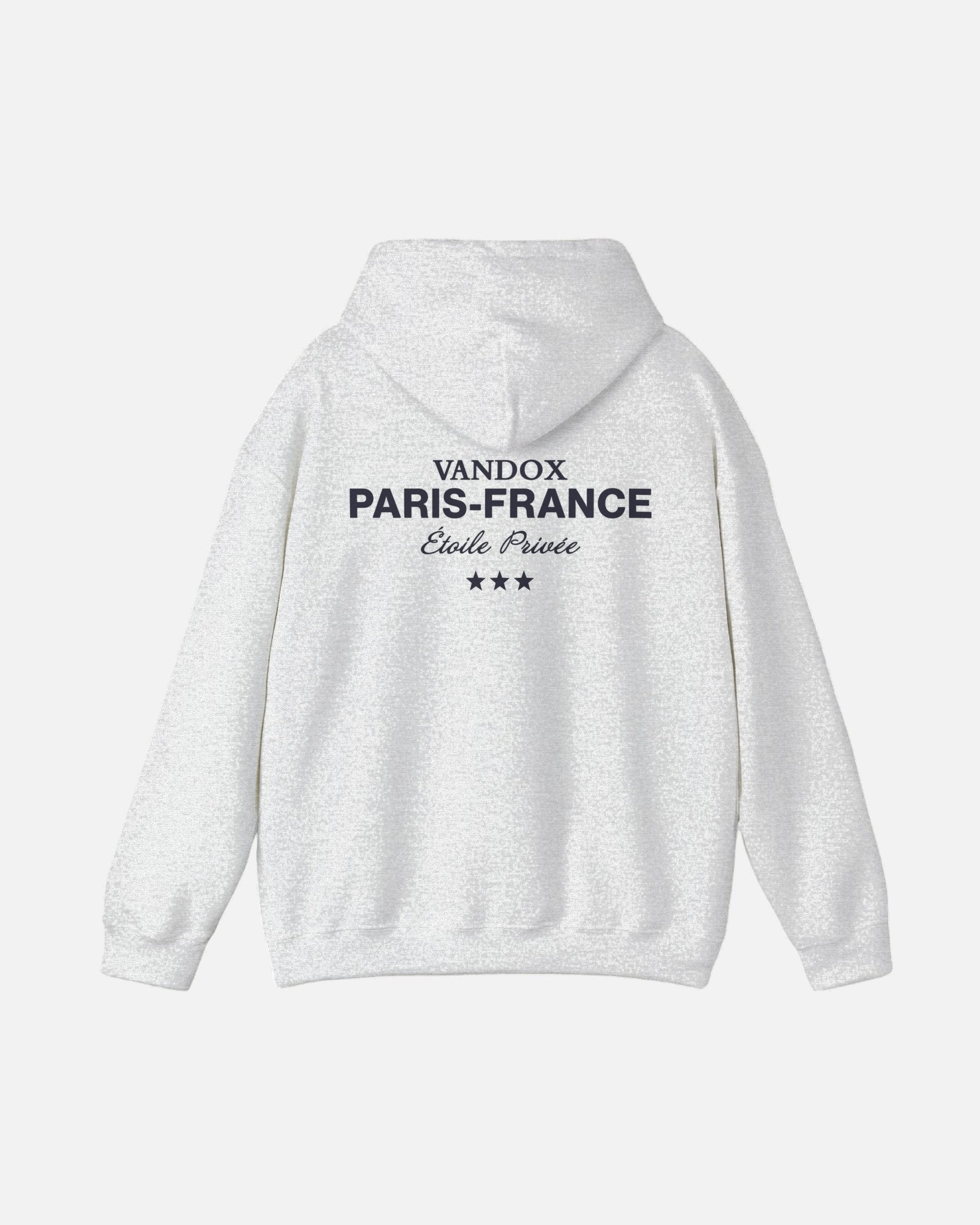 Back view of the Vandox sport grey ash Paris Heritage Hoodie featuring “Vandox Paris-France Étoile Privée” text and three-star graphic. Starboy old money hoodie sweatshirt clothes vandox sacrevandox vandox clothes vandox clothing
