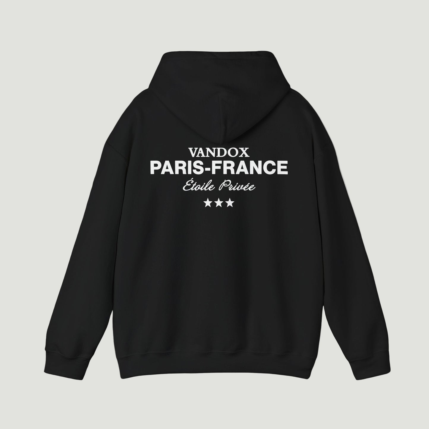 Back view of the Vandox deep black Paris Heritage Hoodie featuring “Vandox Paris-France Étoile Privée” text and three-star graphic. Starboy old money hoodie sweatshirt clothes vandox sacrevandox vandox clothes vandox clothing