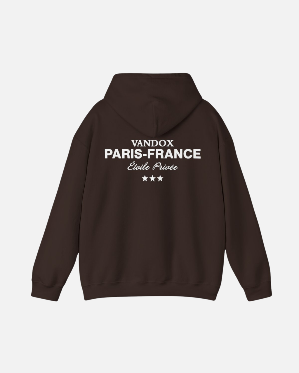 Back view of the Vandox Dark Chocolate Brown Paris Heritage Hoodie featuring “Vandox Paris-France Étoile Privée” text and three-star graphic. Starboy old money hoodie sweatshirt clothes vandox sacrevandox vandox clothes vandox clothing