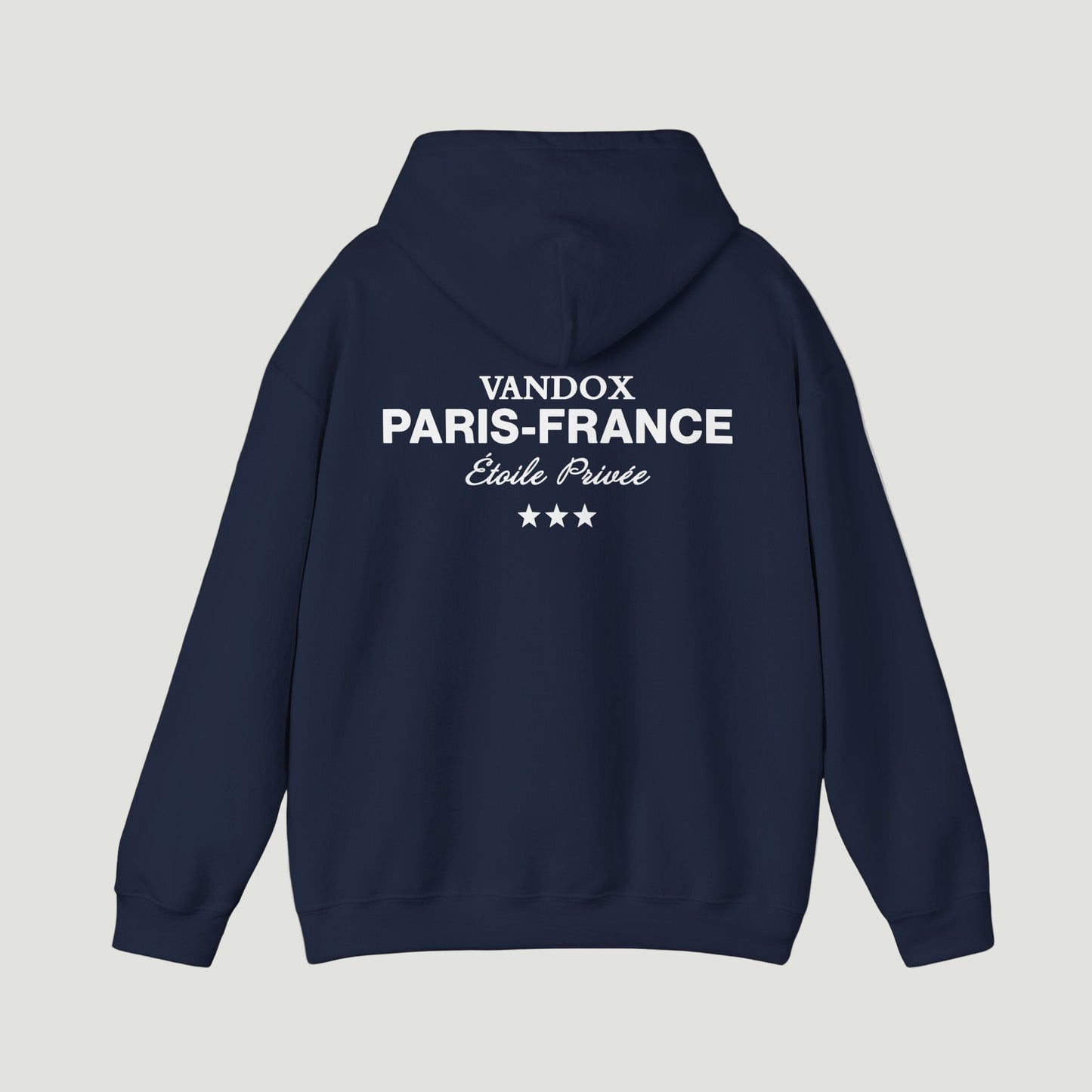 Back view of the Vandox deep dark blue navy Paris Heritage Hoodie featuring “Vandox Paris-France Étoile Privée” text and three-star graphic. Starboy old money hoodie sweatshirt clothes vandox sacrevandox vandox clothes vandox clothing