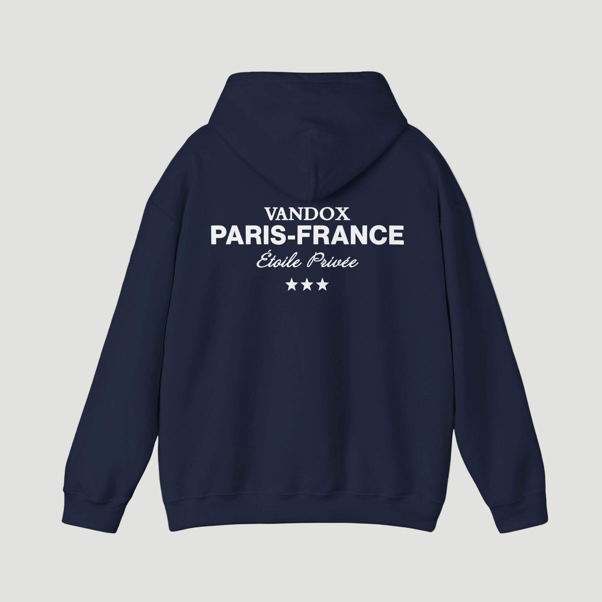 Back view of the Vandox deep dark blue navy Paris Heritage Hoodie featuring “Vandox Paris-France Étoile Privée” text and three-star graphic. Starboy old money hoodie sweatshirt clothes vandox sacrevandox vandox clothes vandox clothing