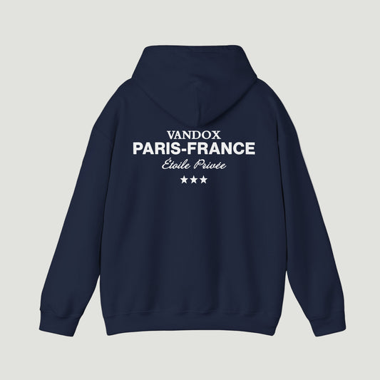 Back view of the Vandox deep dark blue navy Paris Heritage Hoodie featuring “Vandox Paris-France Étoile Privée” text and three-star graphic. Starboy old money hoodie sweatshirt clothes vandox sacrevandox vandox clothes vandox clothing
