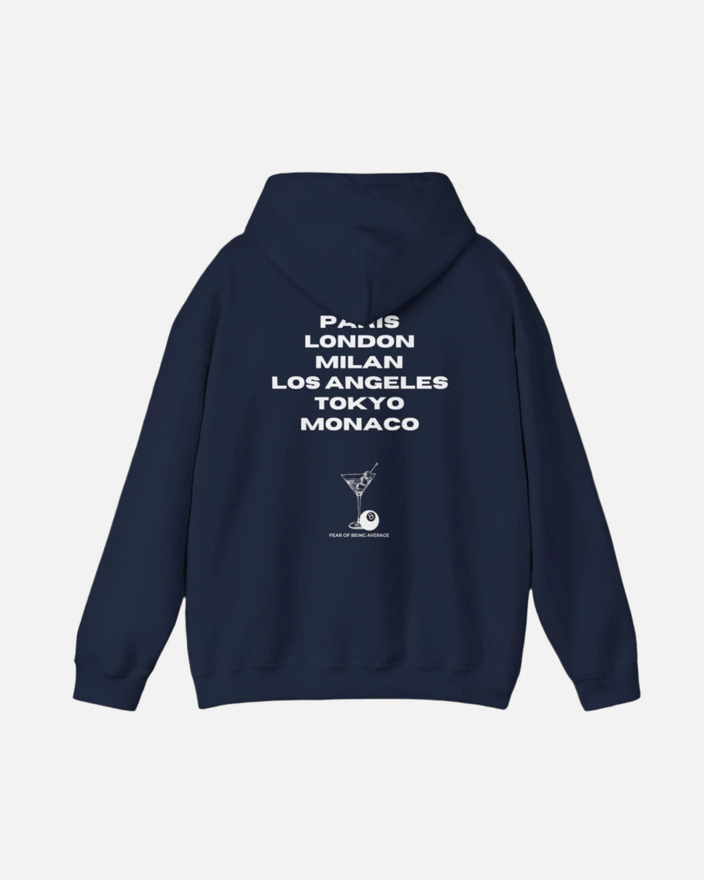 Deep Dark Blue Navy Vandox hoodie featuring embroidered martini glass and 8-ball graphic on front, and bold city name typography with "Fear of Being Average" text on back. Starboy old money hoodie sweatshirt clothes vandox sacrevandox vandox clothes vandox clothing