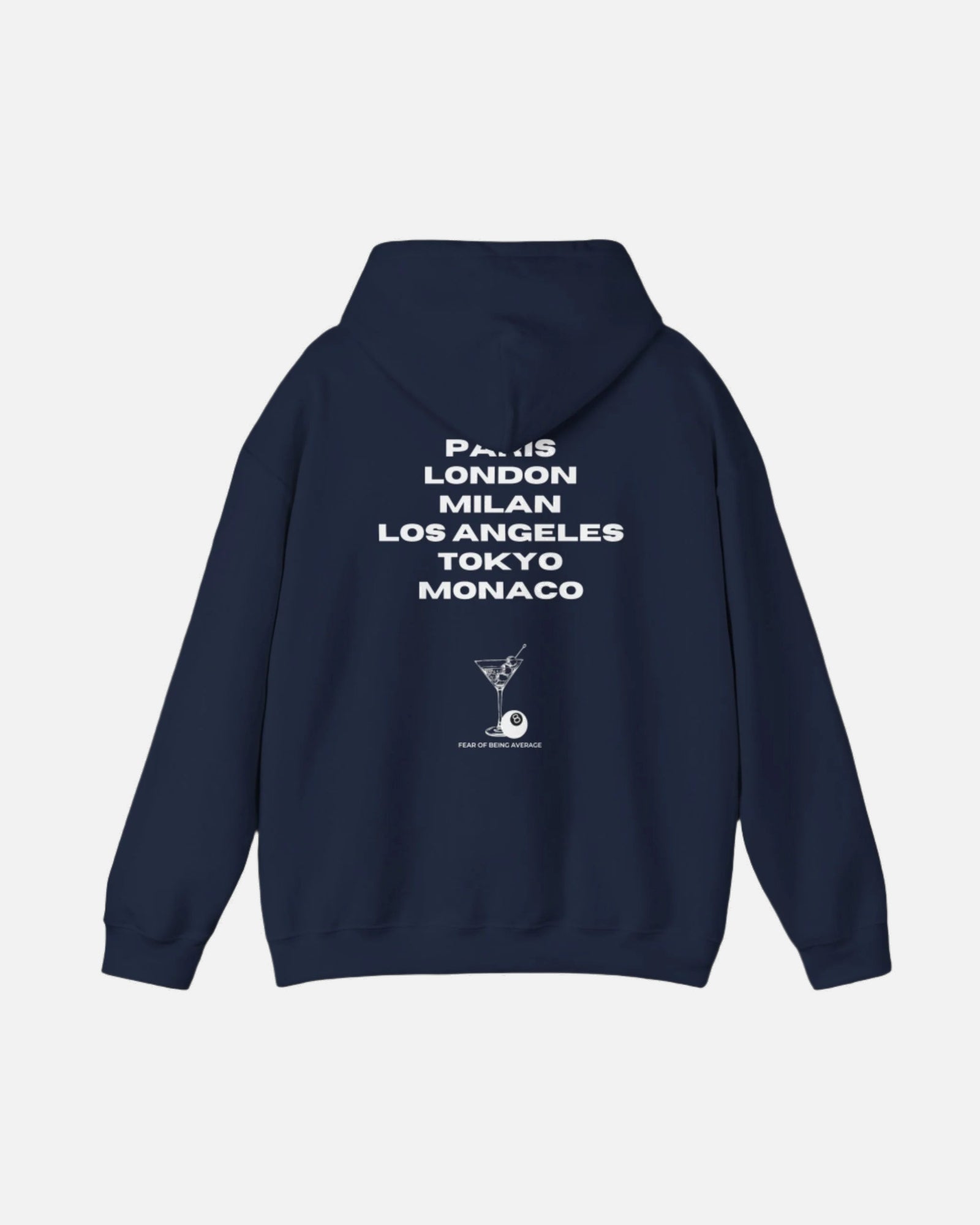 Deep Dark Blue Navy Vandox hoodie featuring embroidered martini glass and 8-ball graphic on front, and bold city name typography with "Fear of Being Average" text on back. Starboy old money hoodie sweatshirt clothes vandox sacrevandox vandox clothes vandox clothing