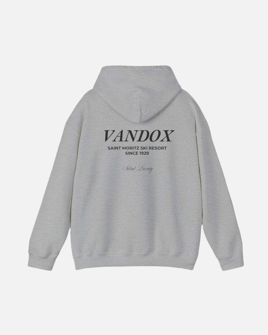 Sport Grey Vandox Hoodie with front text "ST. MORITZ SKI RESORT" and VANDOX saint moritz ski resort since 1929  silent luxury text on the back. Saint Moritz St. Moritz Monaco Ski resort skiing clothes winter clothing Starboy old money hoodie sweatshirt clothes vandox sacrevandox vandox clothes vandox clothing