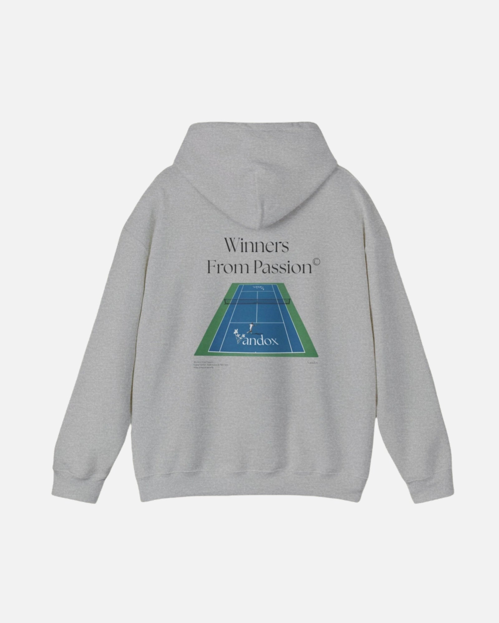 Grey Sport Grey VANDOX Tennis Court Hoodie with VNX Vandox logo and tennis court design and "Winners From Passion" slogan. Starboy old money hoodie sweatshirt clothes vandox sacrevandox vandox clothes vandox clothing