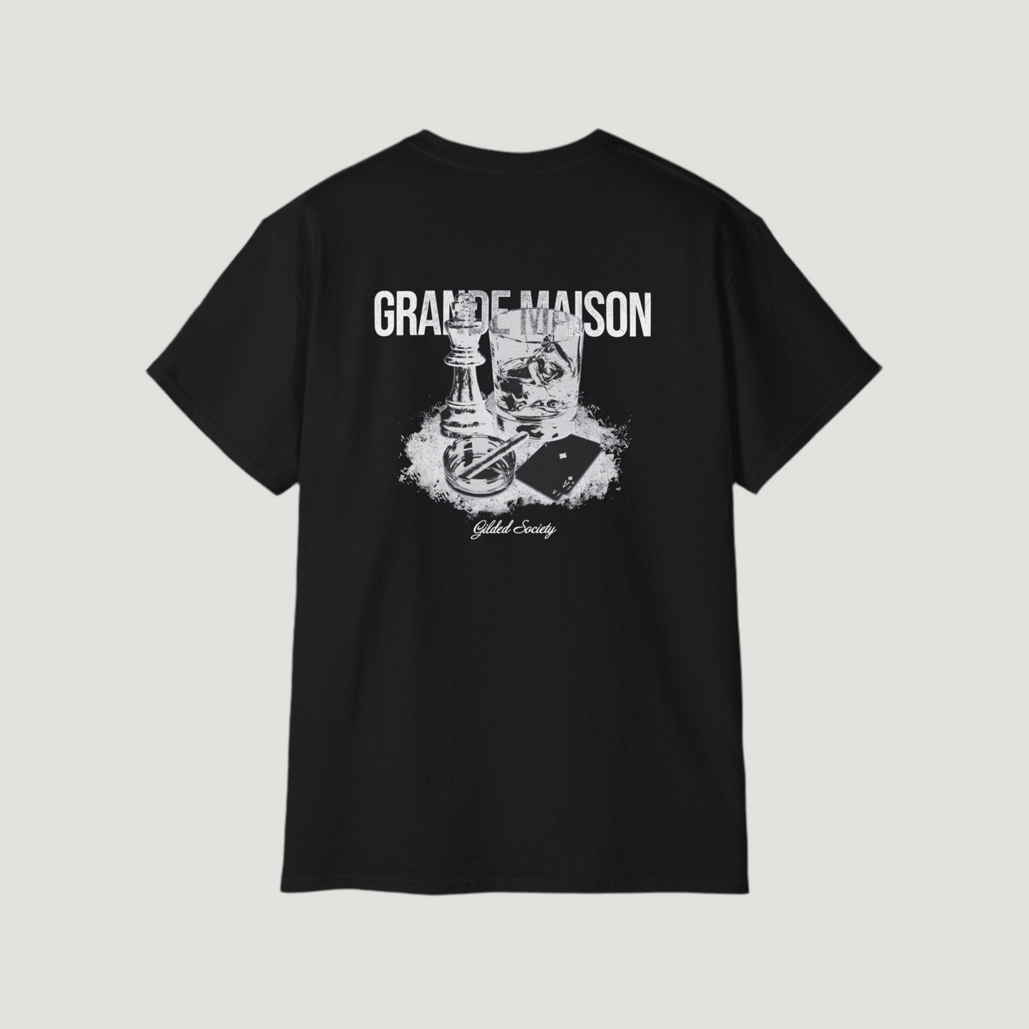 Back view of the deep black Grande Maison Vandox T-Shirt featuring chess piece, glass, and playing card graphic with “Gilded Society” text. Starboy old money shirt tshirt clothes vandox sacrevandox vandox clothes vandox clothing