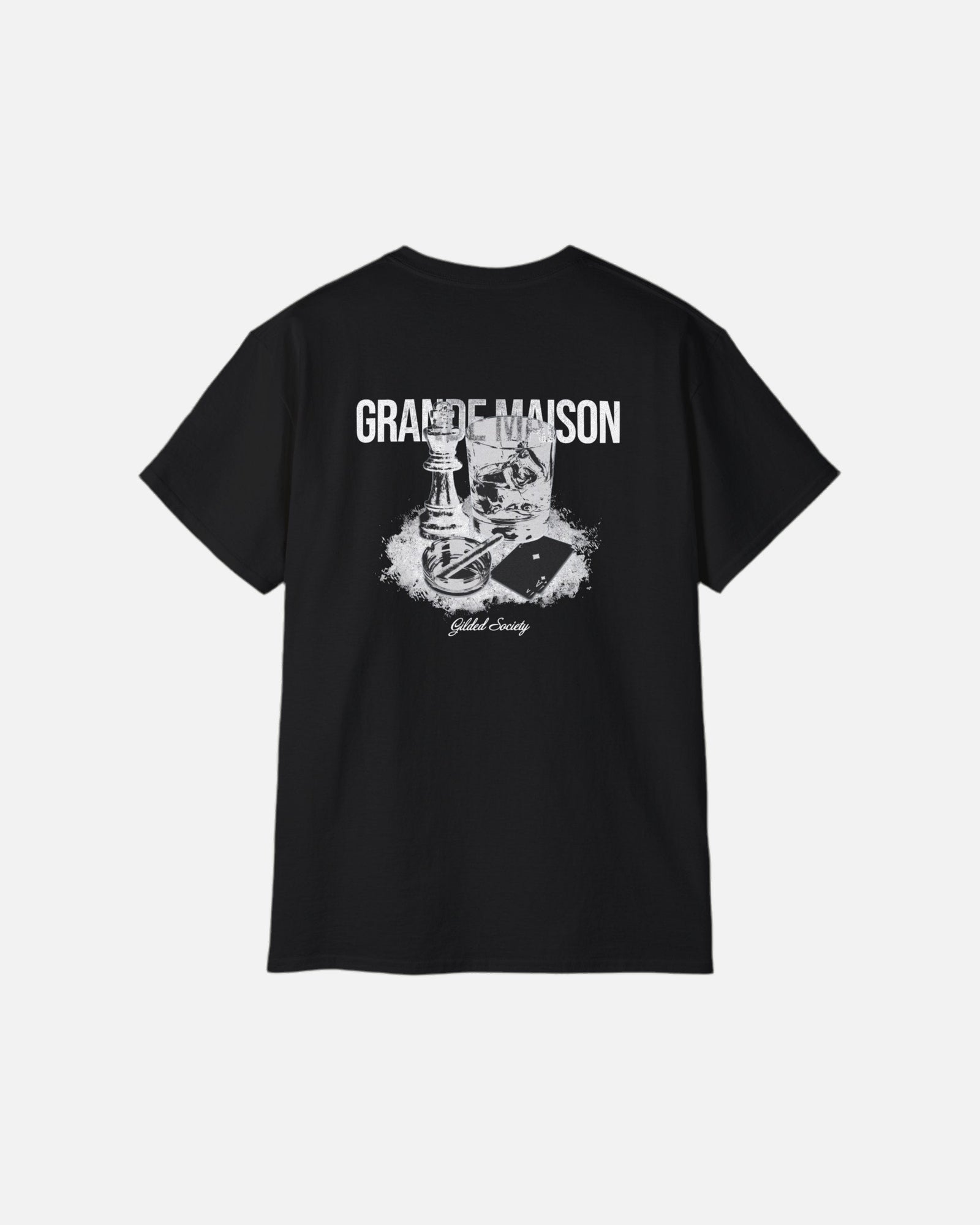 Back view of the deep black Grande Maison Vandox T-Shirt featuring chess piece, glass, and playing card graphic with “Gilded Society” text. Starboy old money shirt tshirt clothes vandox sacrevandox vandox clothes vandox clothing