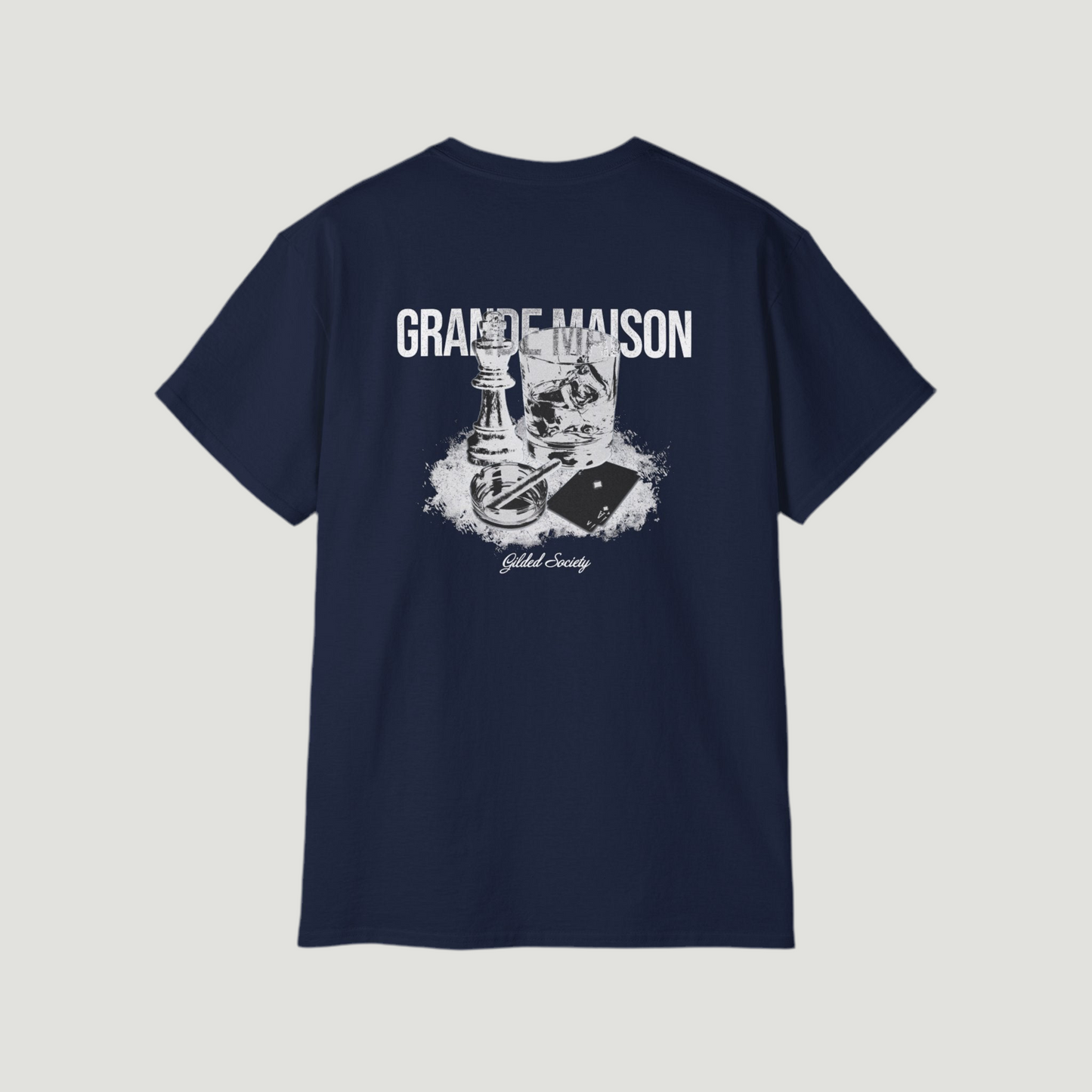 Back view of the deep dark blue navy Grande Maison Vandox T-Shirt featuring chess piece, glass, and playing card graphic with “Gilded Society” text. Starboy old money shirt tshirt clothes vandox sacrevandox vandox clothes vandox clothing