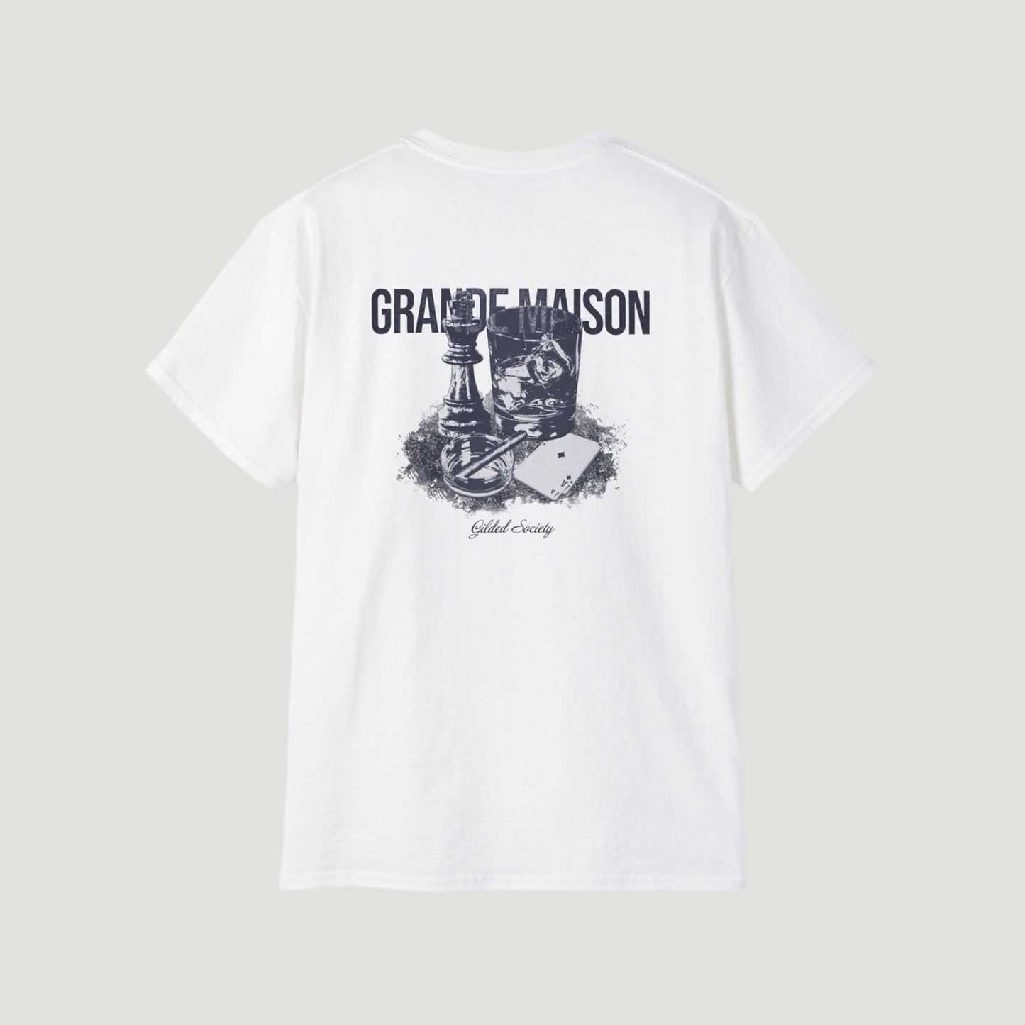 Back view of the eggshell white Grande Maison Vandox T-Shirt featuring chess piece, glass, and playing card graphic with “Gilded Society” text. Starboy old money shirt tshirt clothes vandox sacrevandox vandox clothes vandox clothing