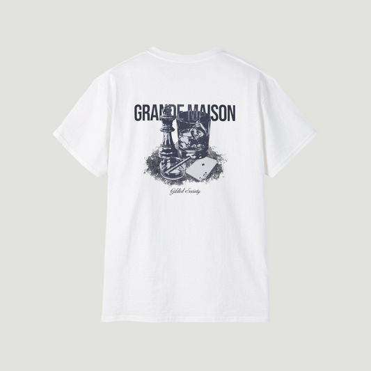 Back view of the eggshell white Grande Maison Vandox T-Shirt featuring chess piece, glass, and playing card graphic with “Gilded Society” text. Starboy old money shirt tshirt clothes vandox sacrevandox vandox clothes vandox clothing