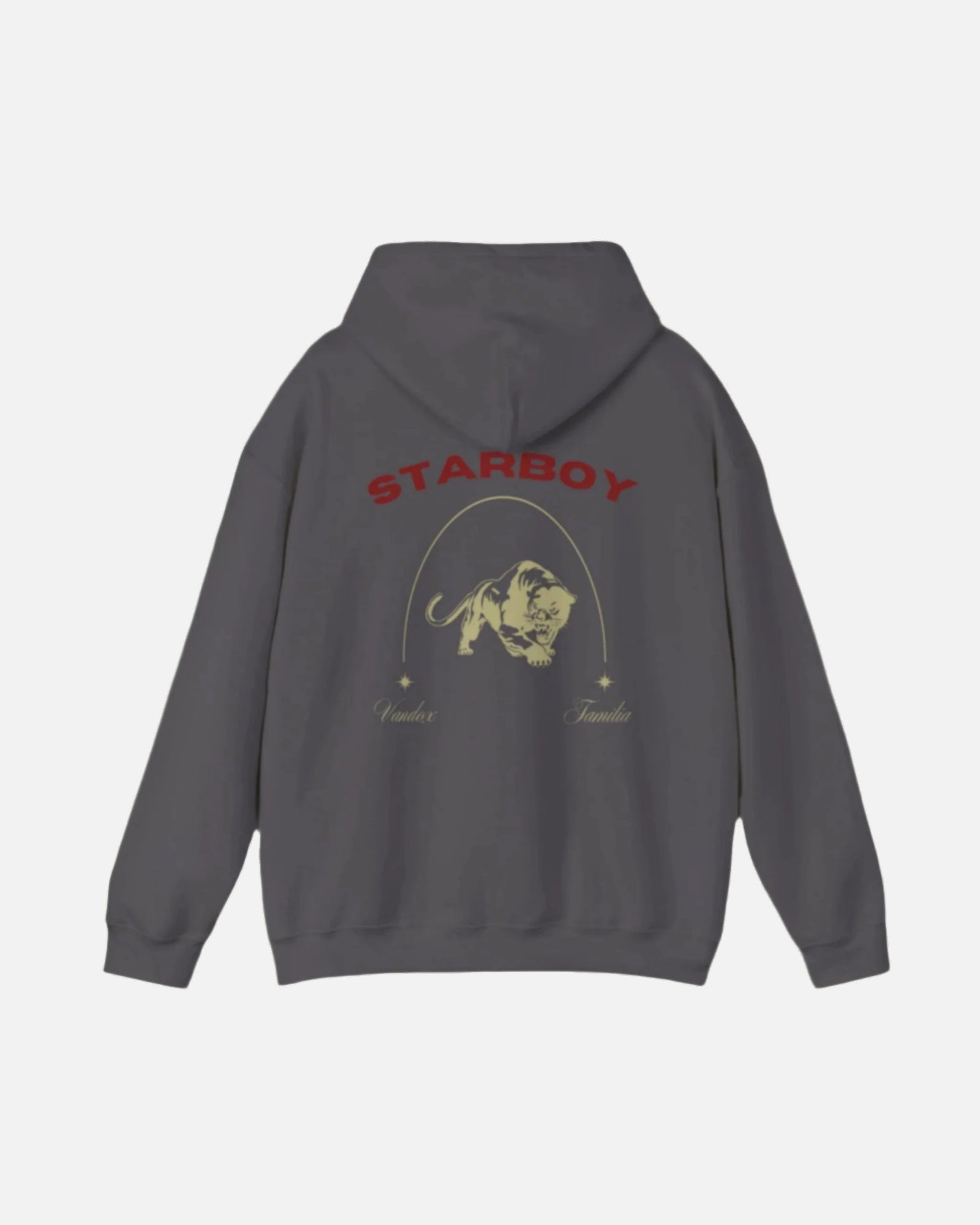 Sport Dark Grey Charcoal Vandox Hoodie with STARBOY on the back, golden lion surrounded by a majestic golden arch, and a small golden logo featuring a star, and text 'vandox familia starboy essential'. Starboy old money hoodie sweatshirt clothes vandox sacrevandox vandox clothes vandox clothing crewneck