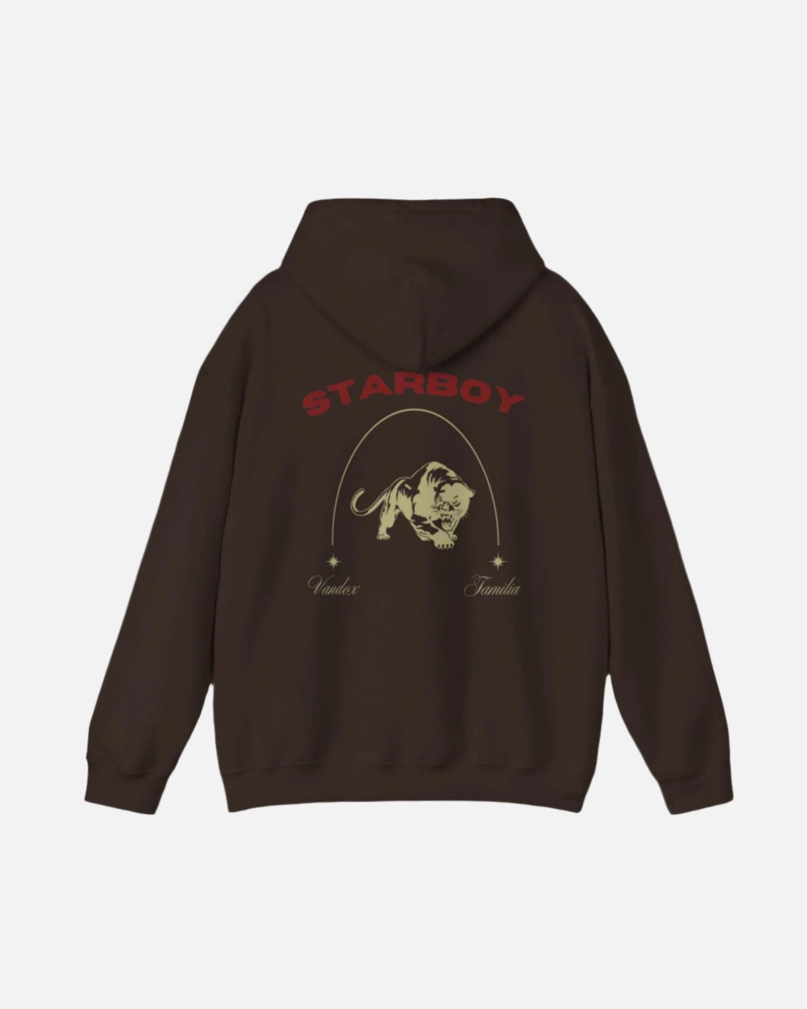 Dark Chocolate Brown Vandox Hoodie with STARBOY on the back, golden lion surrounded by a majestic golden arch, and a small golden logo featuring a star, and text 'vandox familia starboy essential'. Starboy old money hoodie sweatshirt clothes vandox sacrevandox vandox clothes vandox clothing crewneck