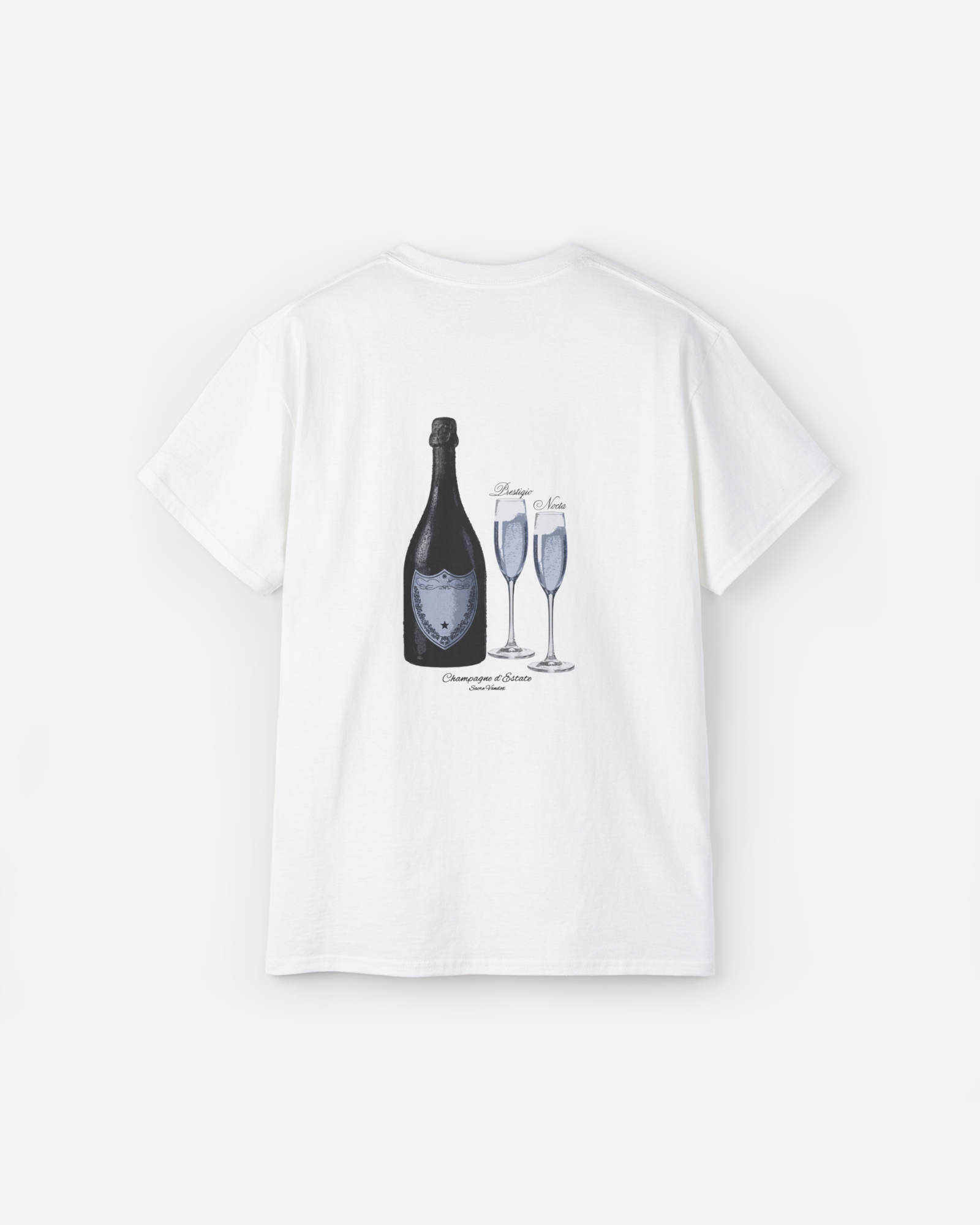 Back view of White Vandox Prestigio Blanc t-shirt with vintage champagne bottle and two flutes graphic and Champagne d'Estate Sacre Vandox text.  Starboy old money shirt tshirt clothes vandox sacrevandox vandox clothes vandox clothing