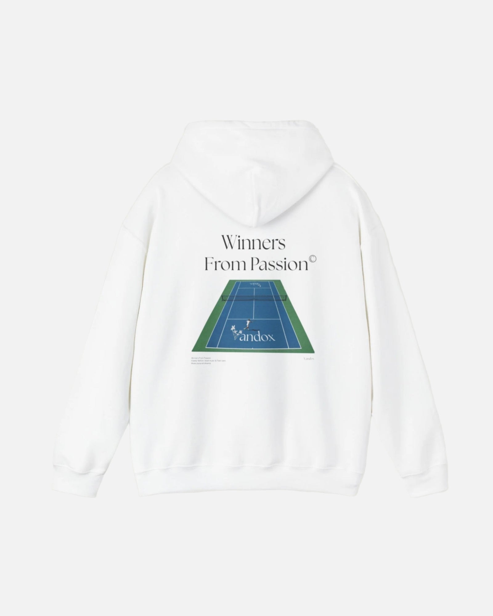 White VANDOX Tennis Court Hoodie with VNX Vandox logo and tennis court design and "Winners From Passion" slogan. Starboy old money hoodie sweatshirt clothes vandox sacrevandox vandox clothes vandox clothing