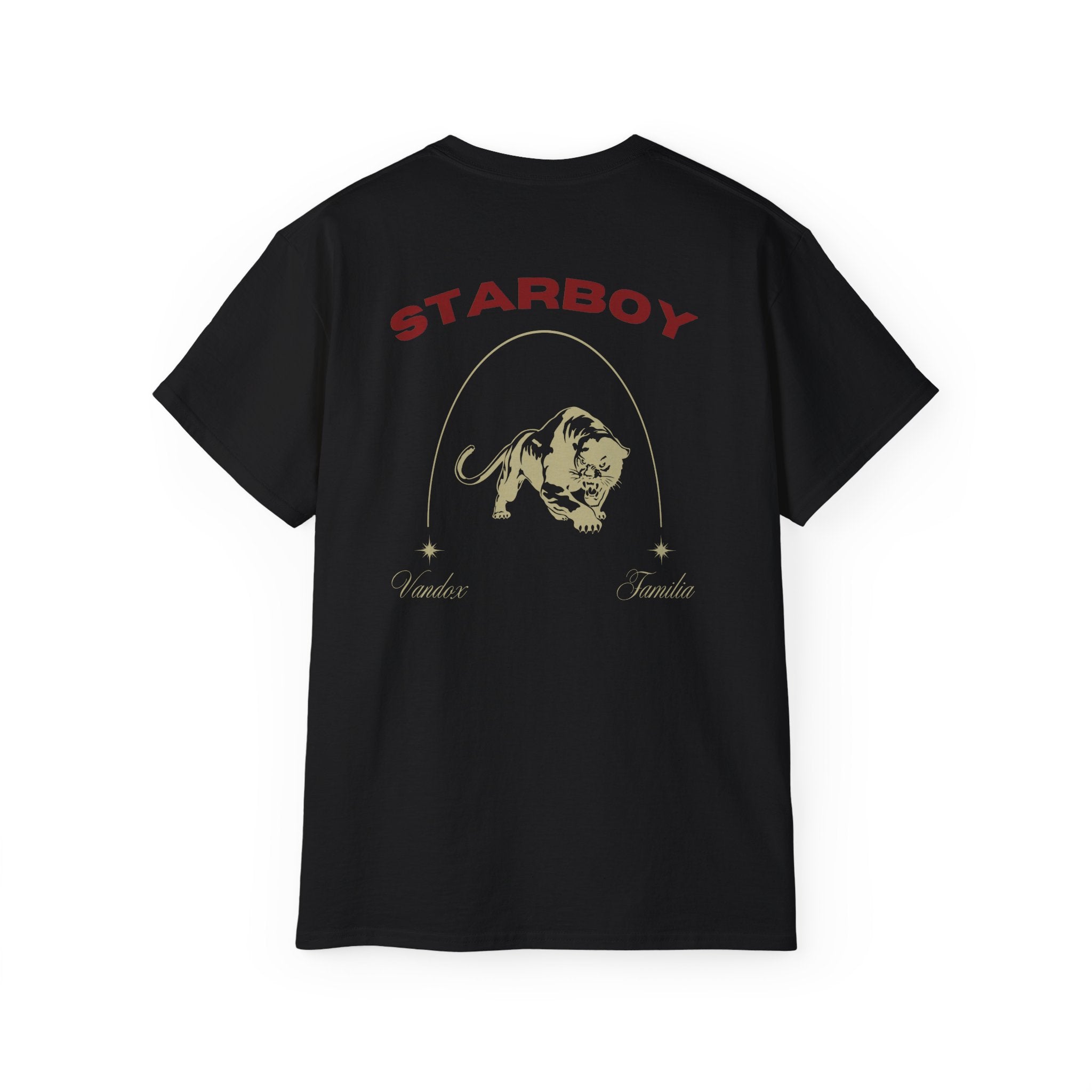 deep black Vandox T-Shirt with STARBOY on the back, golden lion surrounded by a majestic golden arch, and a small golden logo featuring a star, and text 'vandox familia starboy essential'. Starboy old money shirt tshirt clothes vandox sacrevandox vandox clothes vandox clothing