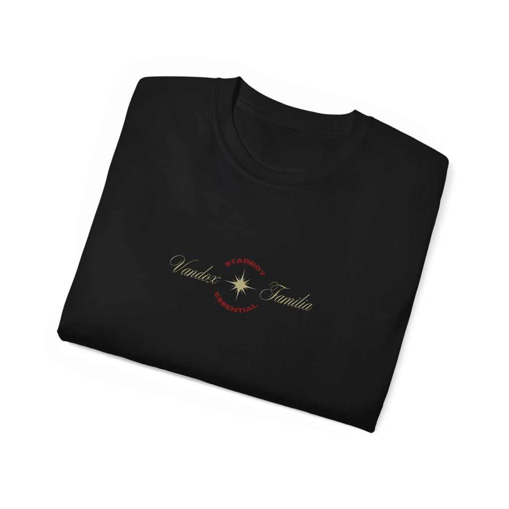 deep black Vandox T-Shirt with STARBOY on the back, golden lion surrounded by a majestic golden arch, and a small golden logo featuring a star, and text 'vandox familia starboy essential'. Starboy old money shirt tshirt clothes vandox sacrevandox vandox clothes vandox clothing