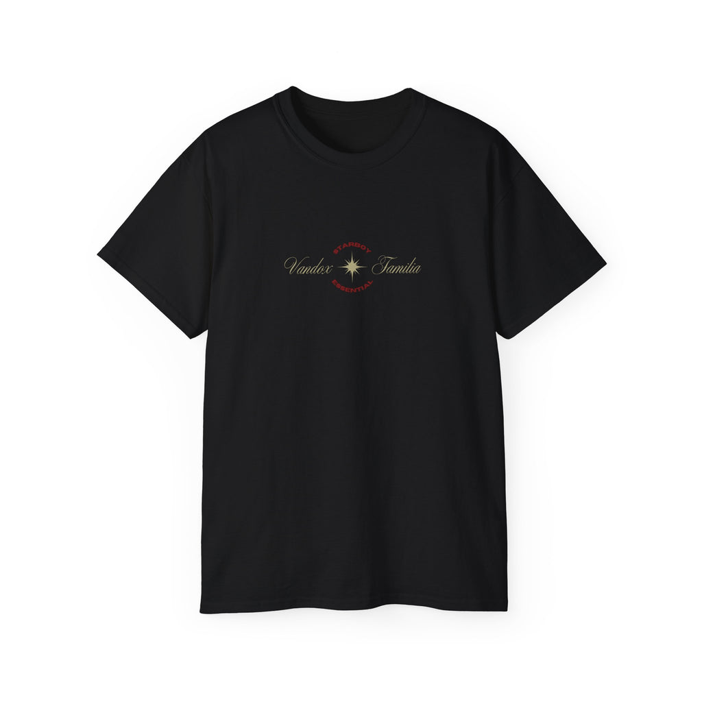 deep black Vandox T-Shirt with STARBOY on the back, golden lion surrounded by a majestic golden arch, and a small golden logo featuring a star, and text 'vandox familia starboy essential'. Starboy old money shirt tshirt clothes vandox sacrevandox vandox clothes vandox clothing
