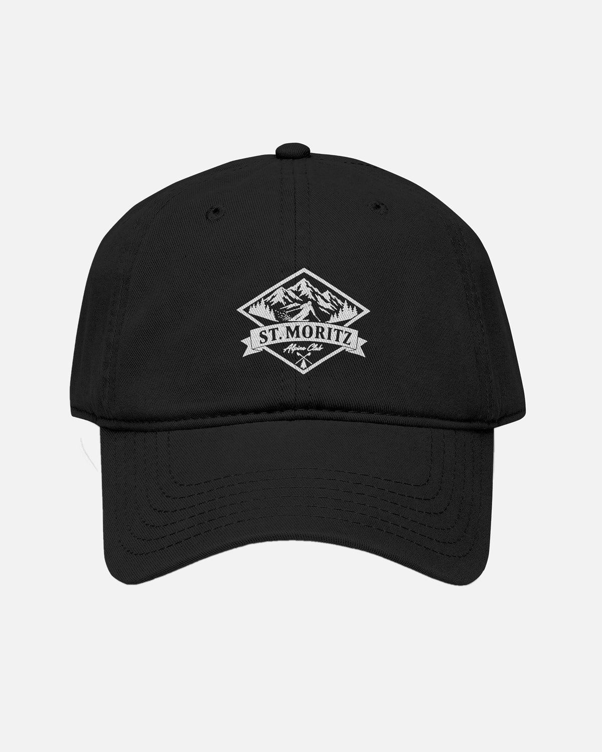 Front View of Black Vandox alpine Club washed baseball cap with White printed St. Moritz Alpine Club diamond mountain crest graphic. Hat Cap Baseball Cap Baseball Hat starboy hat old money hats vandox sacre vandox sacrevandox vandox clothing