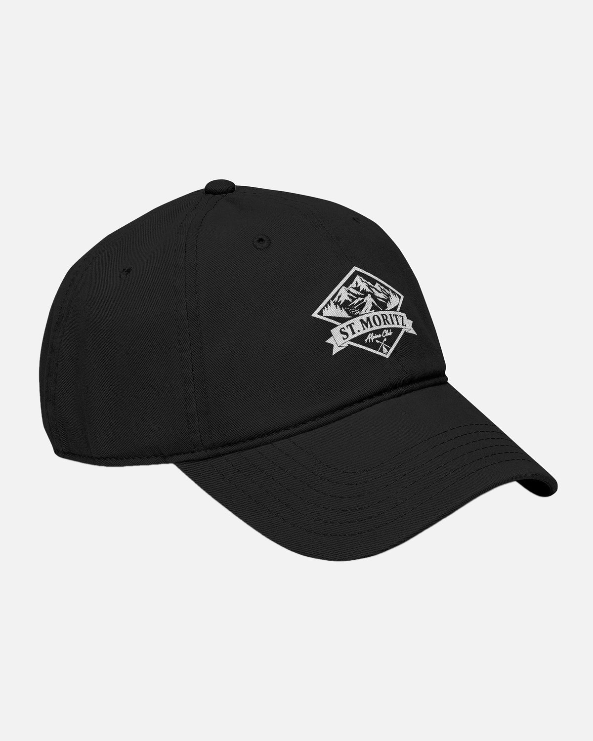 45 angle Front View of Black Vandox alpine Club washed baseball cap with White printed St. Moritz Alpine Club diamond mountain crest graphic. Hat Cap Baseball Cap Baseball Hat starboy hat old money hats vandox sacre vandox sacrevandox vandox clothing