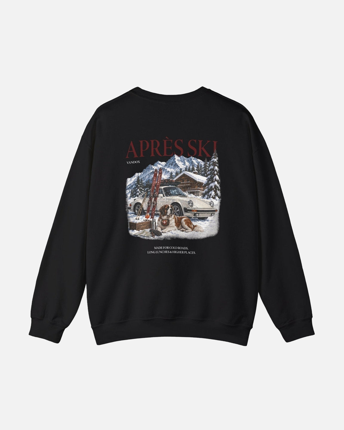 Black crewneck sweatshirt back view with Après Ski Vandox alpine scene featuring Porsche 911 Saint Bernard and mountain chalet graphic. Starboy old money hoodie sweatshirt clothes vandox sacrevandox vandox clothes vandox clothing crewneck autumn clothes no hood fall clothes 