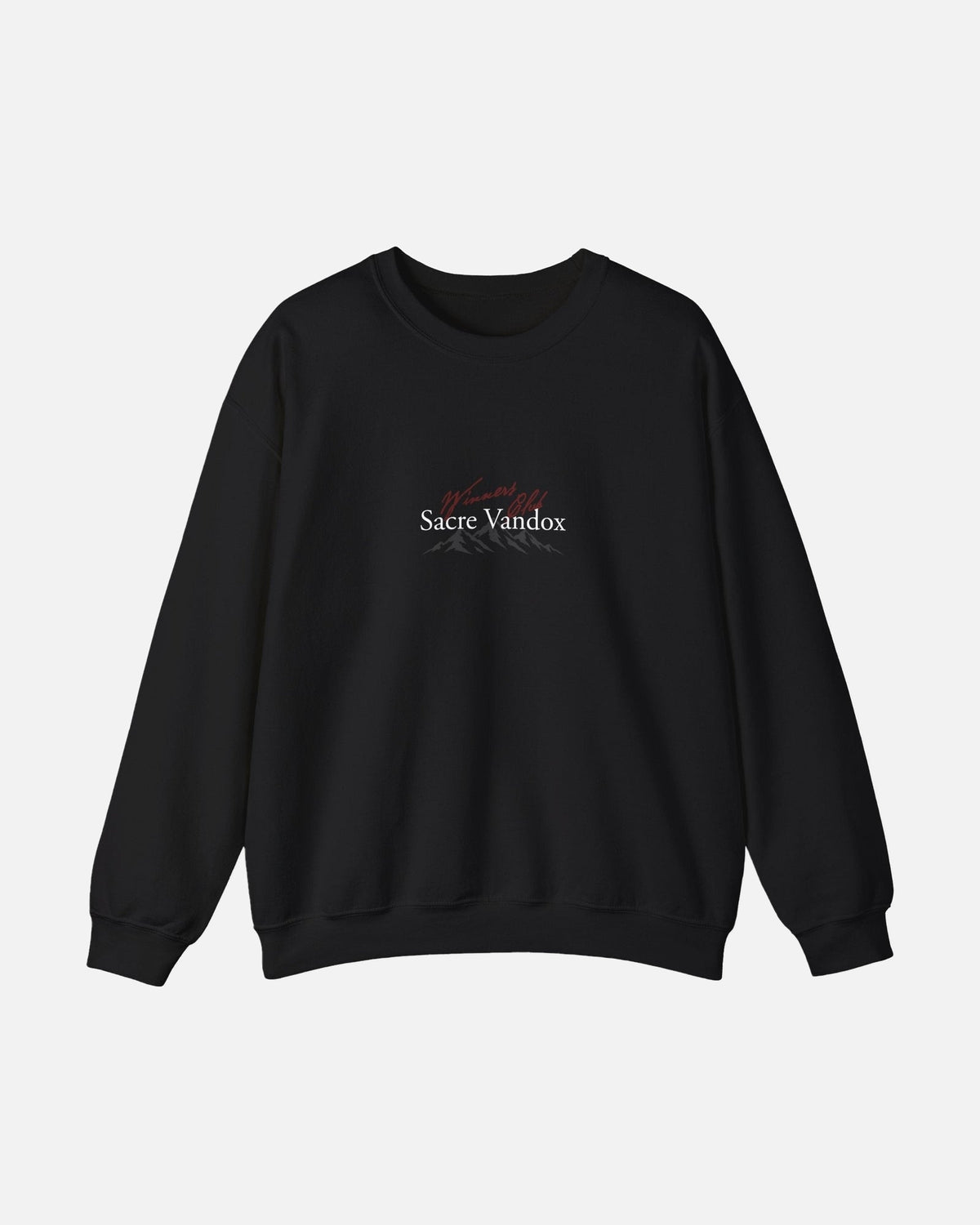 Black Vandox Apres Ski crewneck sweatshirt front view with Winners Club Sacre Vandox mountain range chest graphic. Starboy old money hoodie sweatshirt clothes vandox sacrevandox vandox clothes vandox clothing crewneck autumn clothes no hood fall clothes 