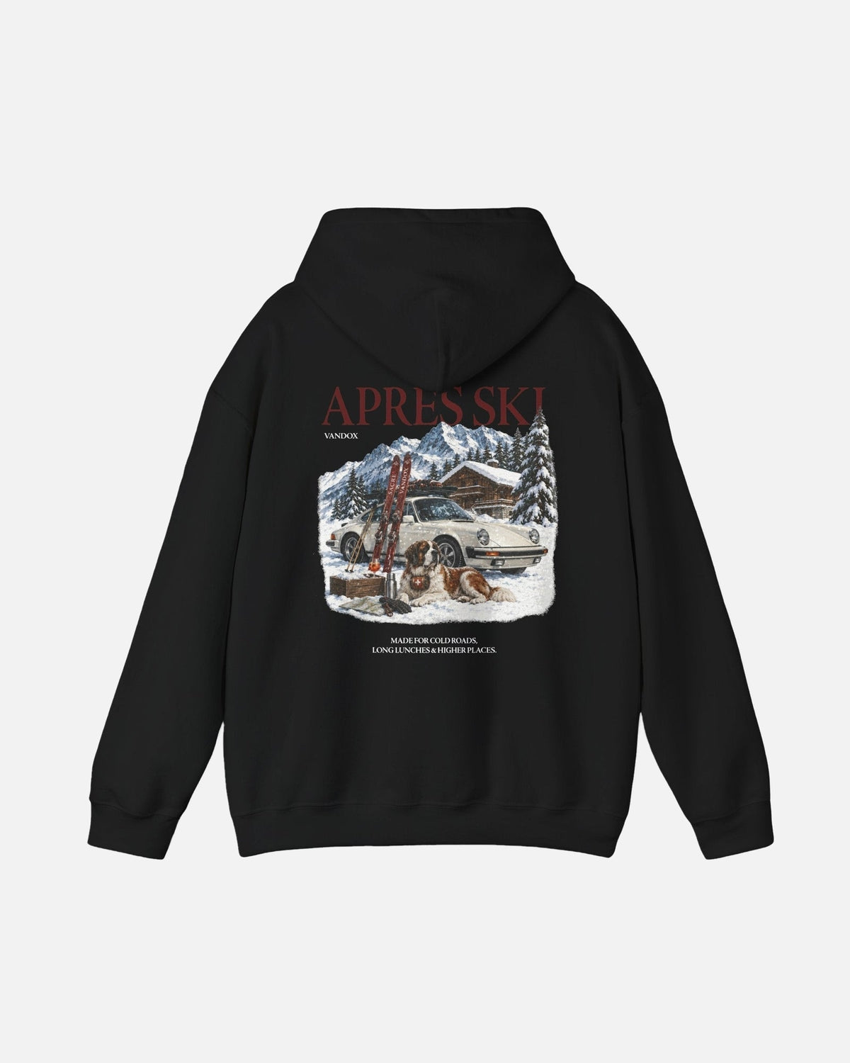Black Vandox Apres Ski hoodie back view with Après Ski Vandox alpine scene featuring Porsche 911 Saint Bernard and mountain chalet graphic. Starboy old money hoodie sweatshirt clothes vandox sacrevandox vandox clothes vandox clothing