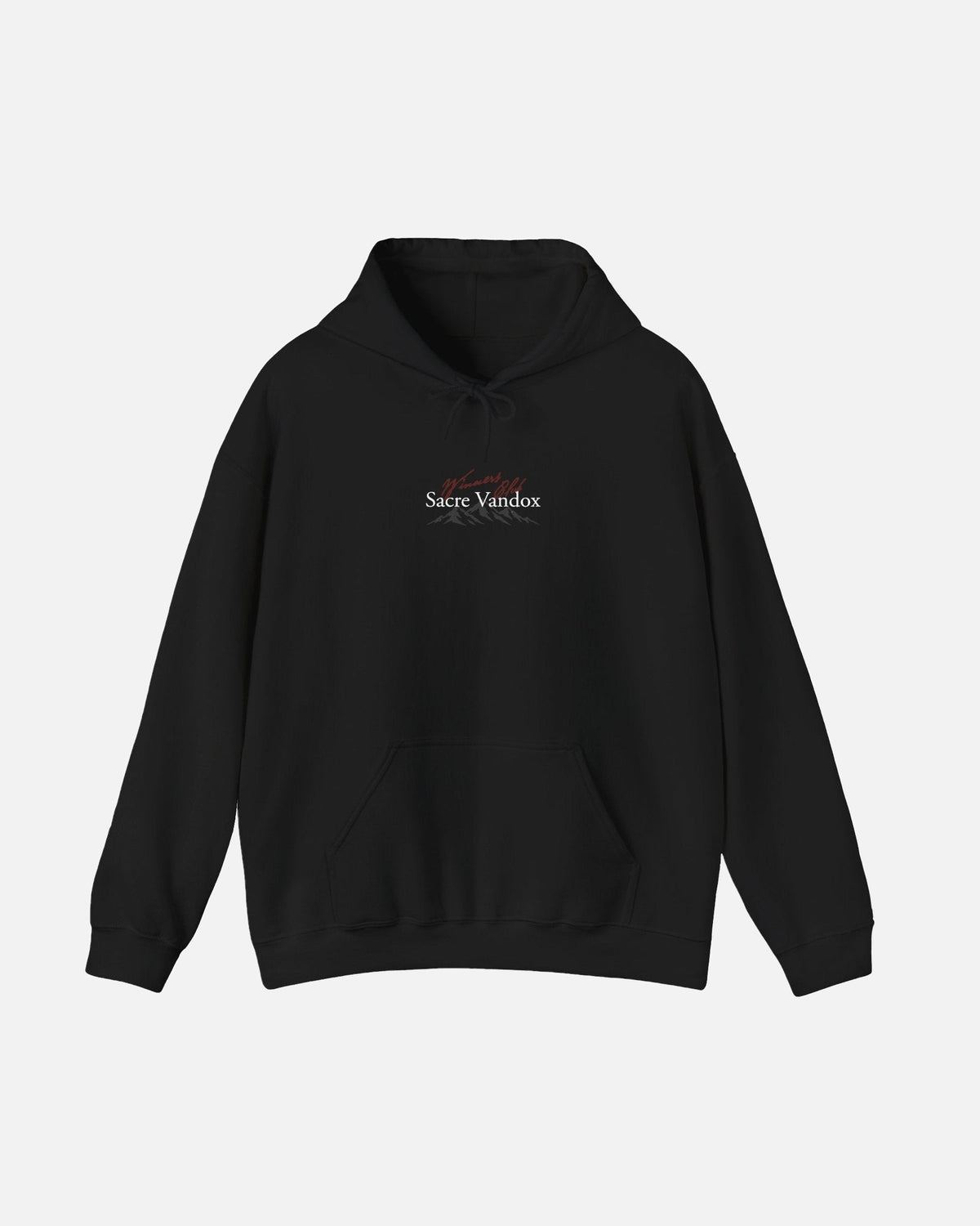 Black Vandox Apres Ski hoodie front view with Winners Club Sacre Vandox mountain range chest graphic. Starboy old money hoodie sweatshirt clothes vandox sacrevandox vandox clothes vandox clothing