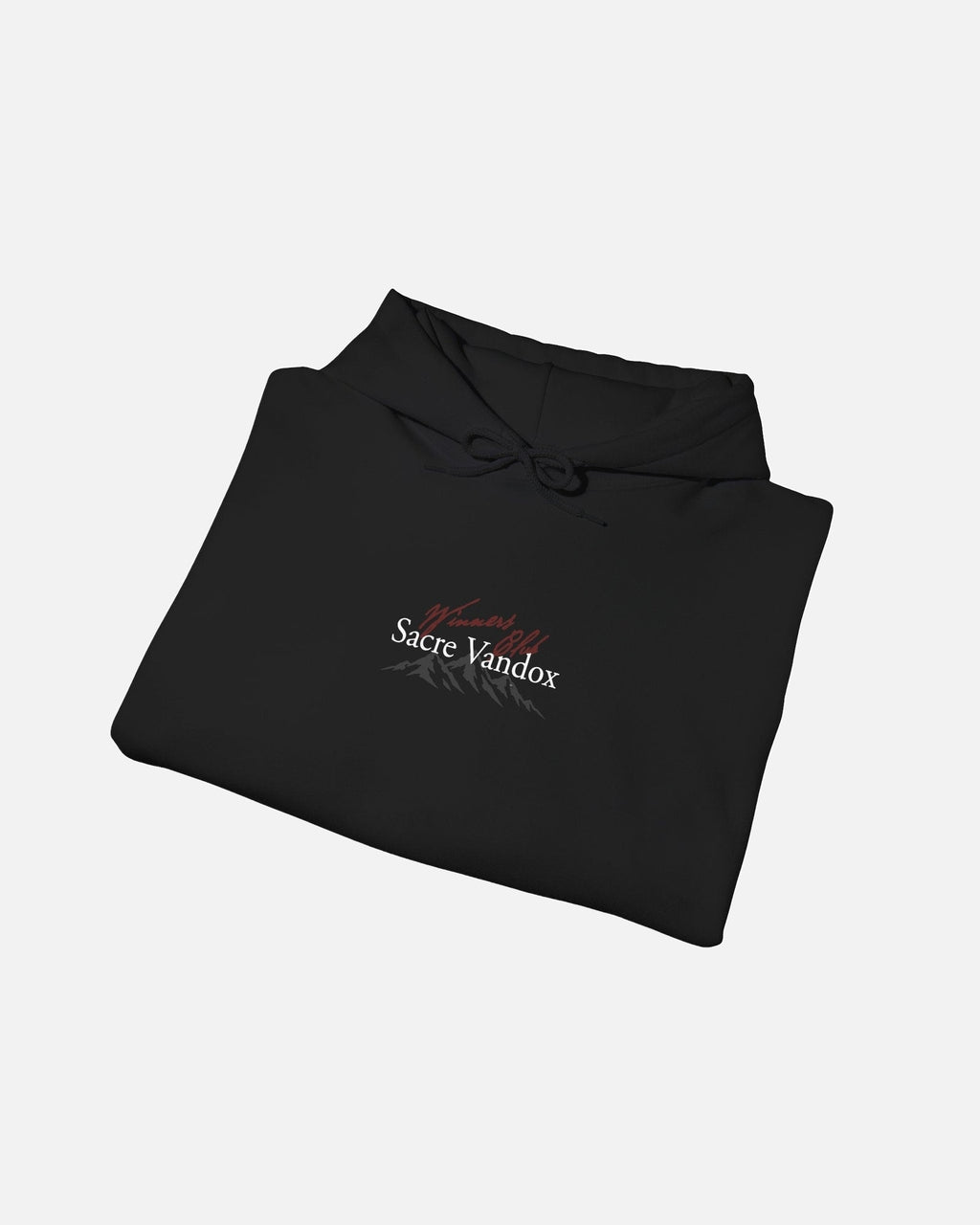 folded view of Black Vandox Apres Ski hoodie front view with Winners Club Sacre Vandox mountain range chest graphic. Starboy old money hoodie sweatshirt clothes vandox sacrevandox vandox clothes vandox clothing