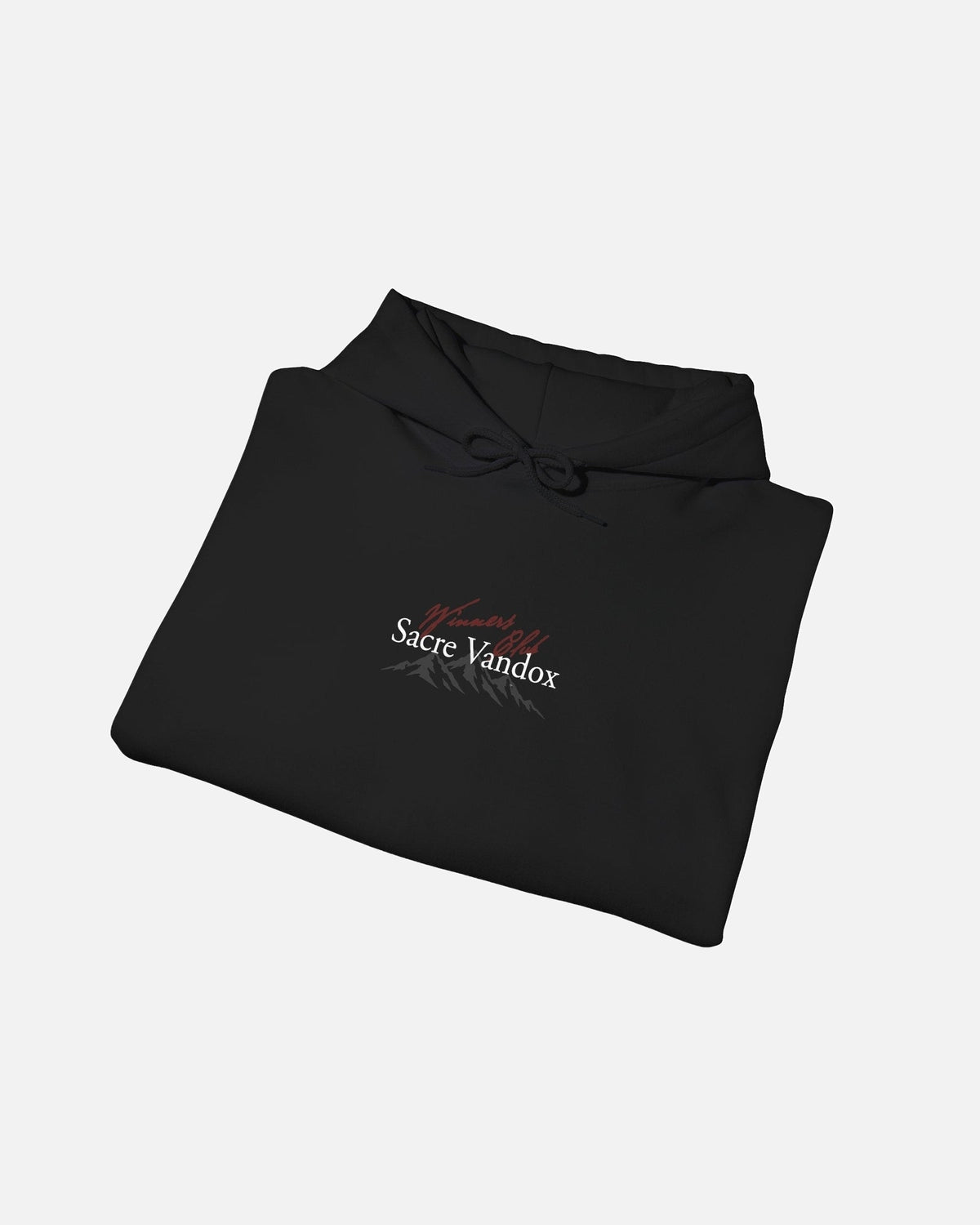 folded view of Black Vandox Apres Ski hoodie front view with Winners Club Sacre Vandox mountain range chest graphic. Starboy old money hoodie sweatshirt clothes vandox sacrevandox vandox clothes vandox clothing