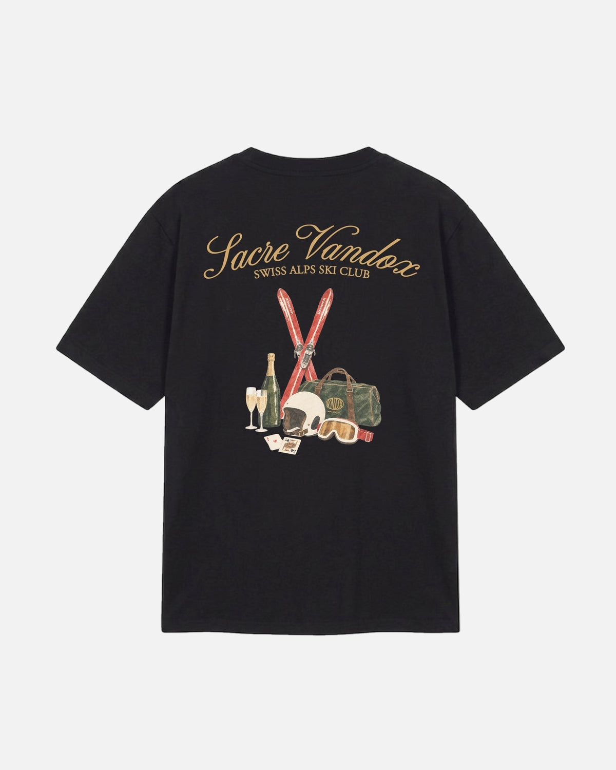 Black Vandox Chalet Edit t-shirt back view with illustrated ski essentials including red skis helmet goggles Vandox duffle champagne and playing cards. Starboy old money shirt tshirt clothes vandox sacrevandox vandox clothes vandox clothing
