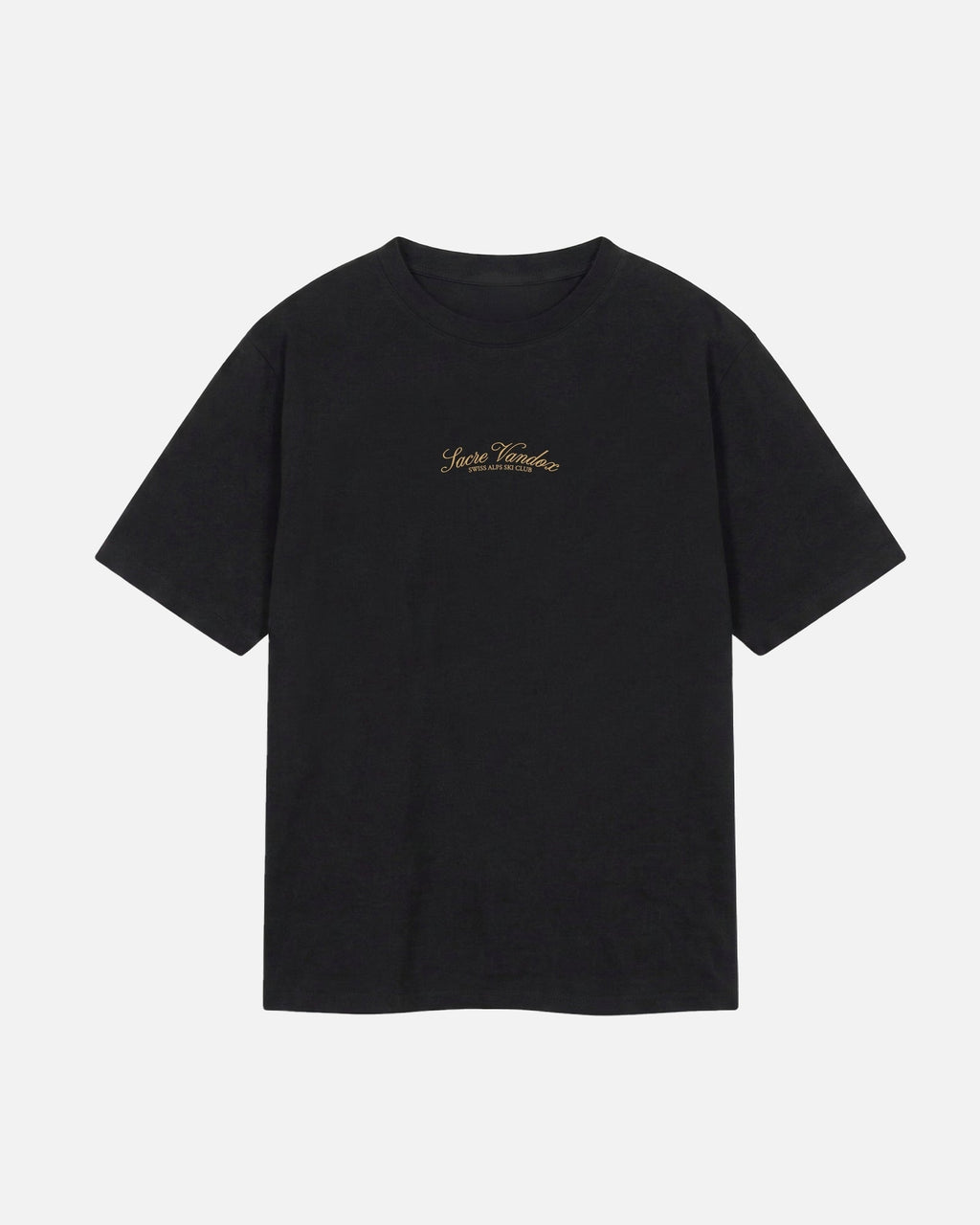 Black Vandox Chalet Edit t-shirt with gold Sacre Vandox Swiss Alps Ski Club script chest graphic. Starboy old money shirt tshirt clothes vandox sacrevandox vandox clothes vandox clothing