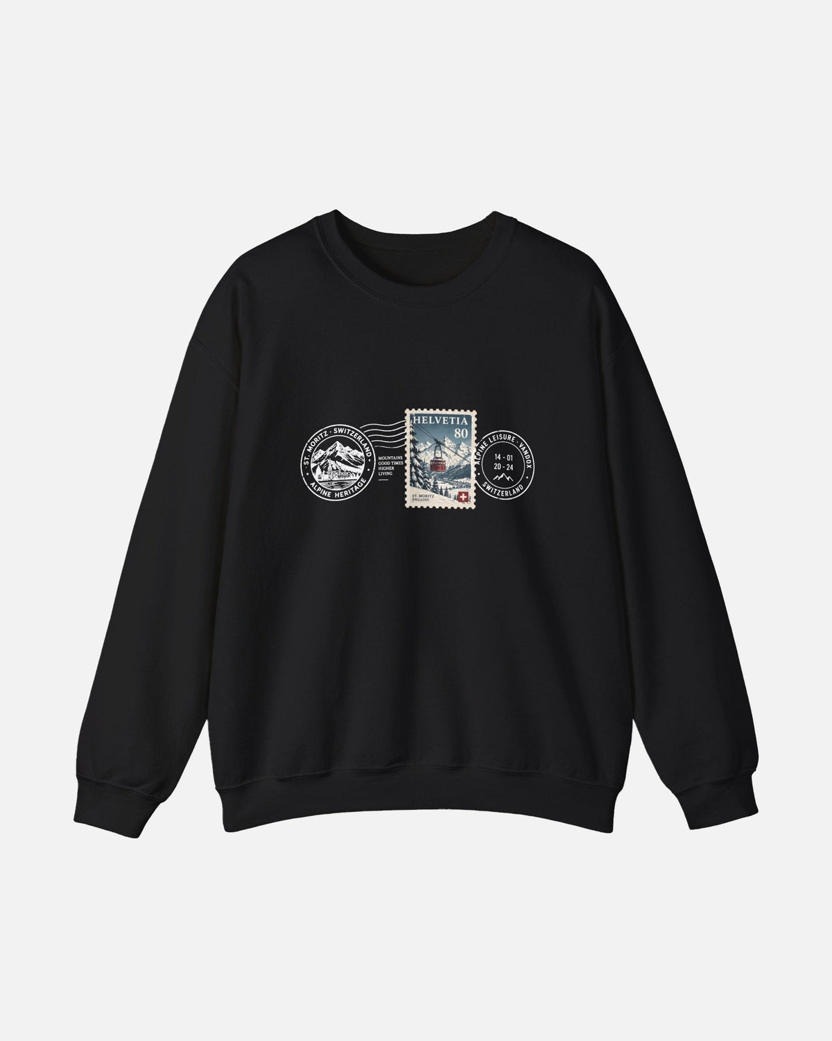 Black Vandox Post Stamp crewneck sweatshirt with vintage Helvetia 80 postal stamp St. Moritz Engadin scene and Alpine Heritage Alpine Leisure Vandox postmark chest graphic. Starboy old money hoodie sweatshirt clothes vandox sacrevandox vandox clothes vandox clothing crewneck autumn clothes no hood fall clothes 