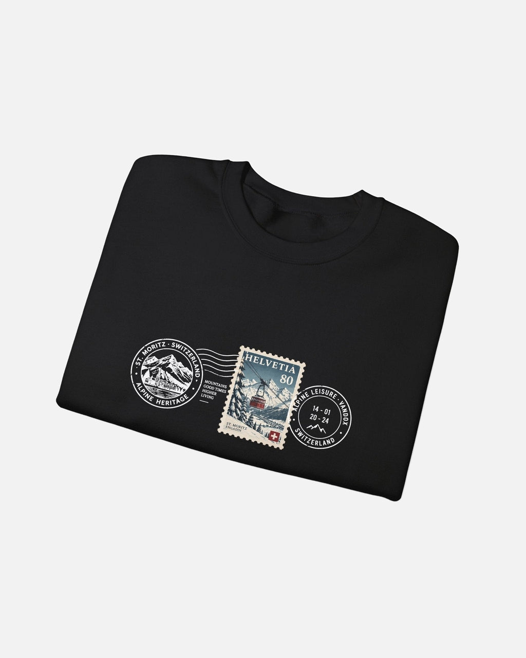 Folded view of Black Vandox Post Stamp crewneck sweatshirt with vintage Helvetia 80 postal stamp St. Moritz Engadin scene and Alpine Heritage Alpine Leisure Vandox postmark chest graphic. Starboy old money hoodie sweatshirt clothes vandox sacrevandox vandox clothes vandox clothing crewneck autumn clothes no hood fall clothes 