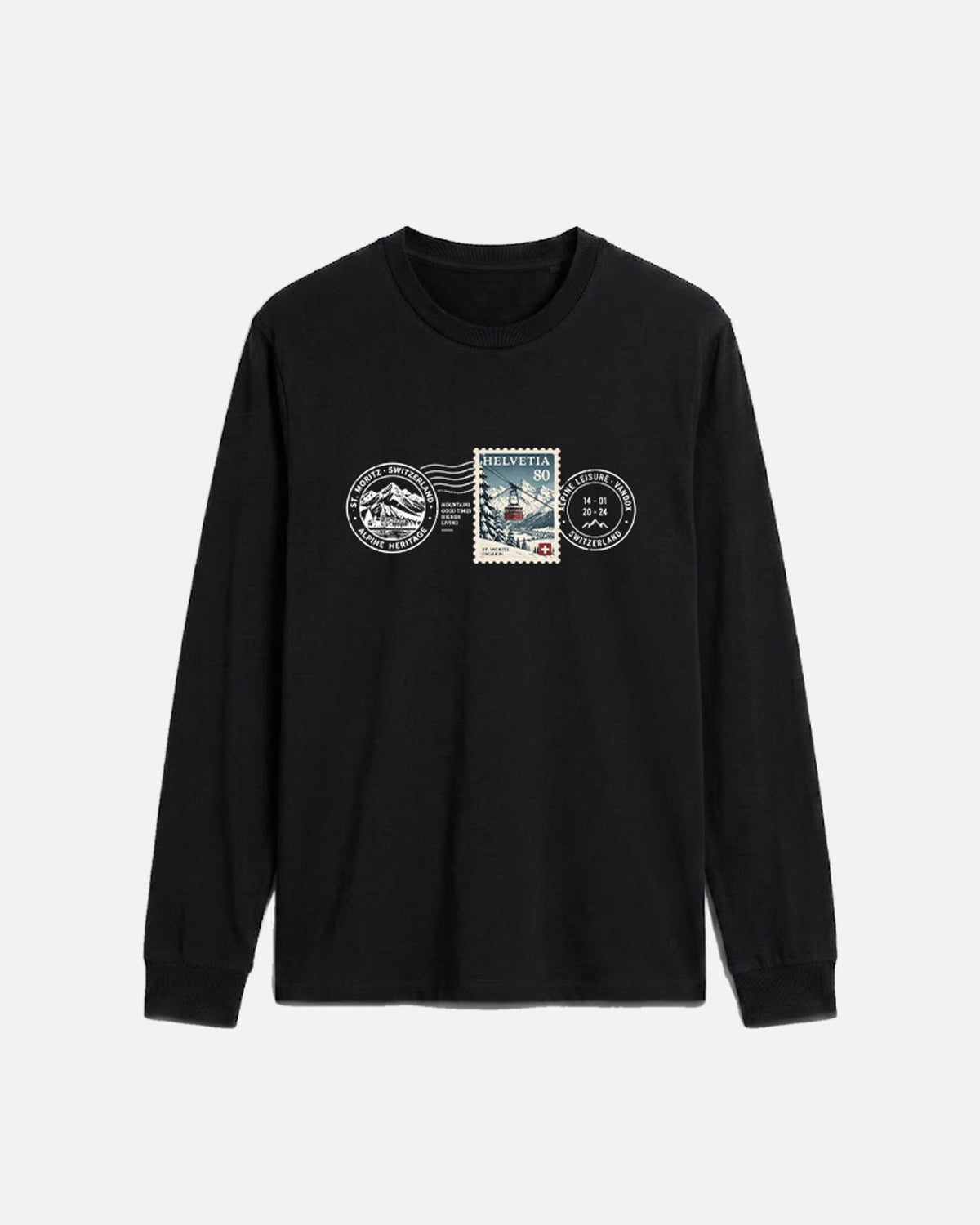 Black Vandox Post Stamp long sleeve t-shirt with vintage Helvetia 80 postal stamp St. Moritz Engadin scene and Alpine Heritage Alpine Leisure Vandox postmark chest graphic. Starboy old money shirt tshirt longsleeve crewneck clothes vandox sacrevandox vandox clothes vandox clothing