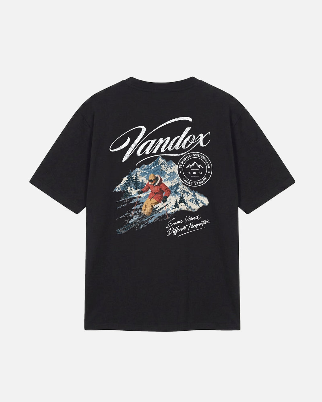 Black Vandox Powder Day t-shirt back view with Vandox script alpine ski scene St. Moritz Switzerland stamp and Same Views Different Perspective graphic. Starboy old money shirt tshirt clothes vandox sacrevandox vandox clothes vandox clothing