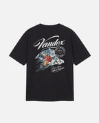 Black Vandox Powder Day t-shirt back view with Vandox script alpine ski scene St. Moritz Switzerland stamp and Same Views Different Perspective graphic. Starboy old money shirt tshirt clothes vandox sacrevandox vandox clothes vandox clothing