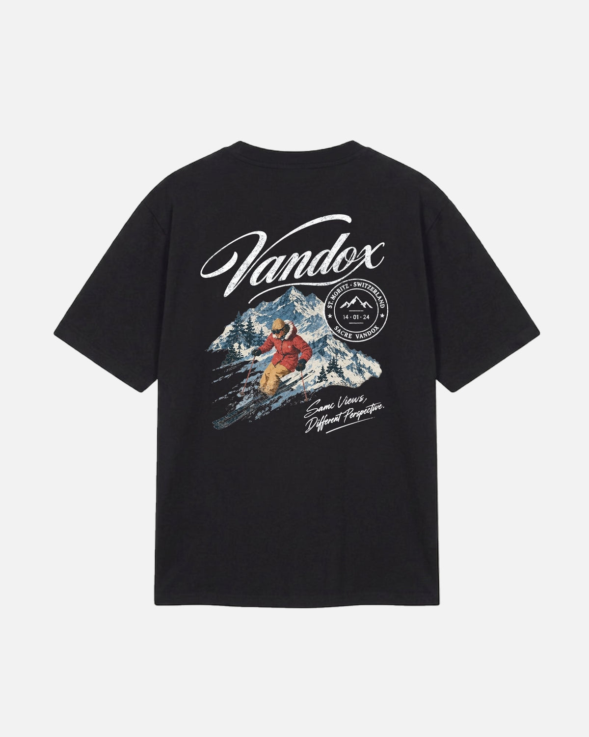 Black Vandox Powder Day t-shirt back view with Vandox script alpine ski scene St. Moritz Switzerland stamp and Same Views Different Perspective graphic. Starboy old money shirt tshirt clothes vandox sacrevandox vandox clothes vandox clothing