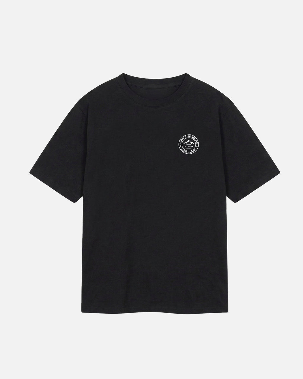 Black Vandox Powder Day t-shirt front view with red St. Moritz Switzerland circular stamp and Sacre Vandox chest graphic. Starboy old money shirt tshirt clothes vandox sacrevandox vandox clothes vandox clothing