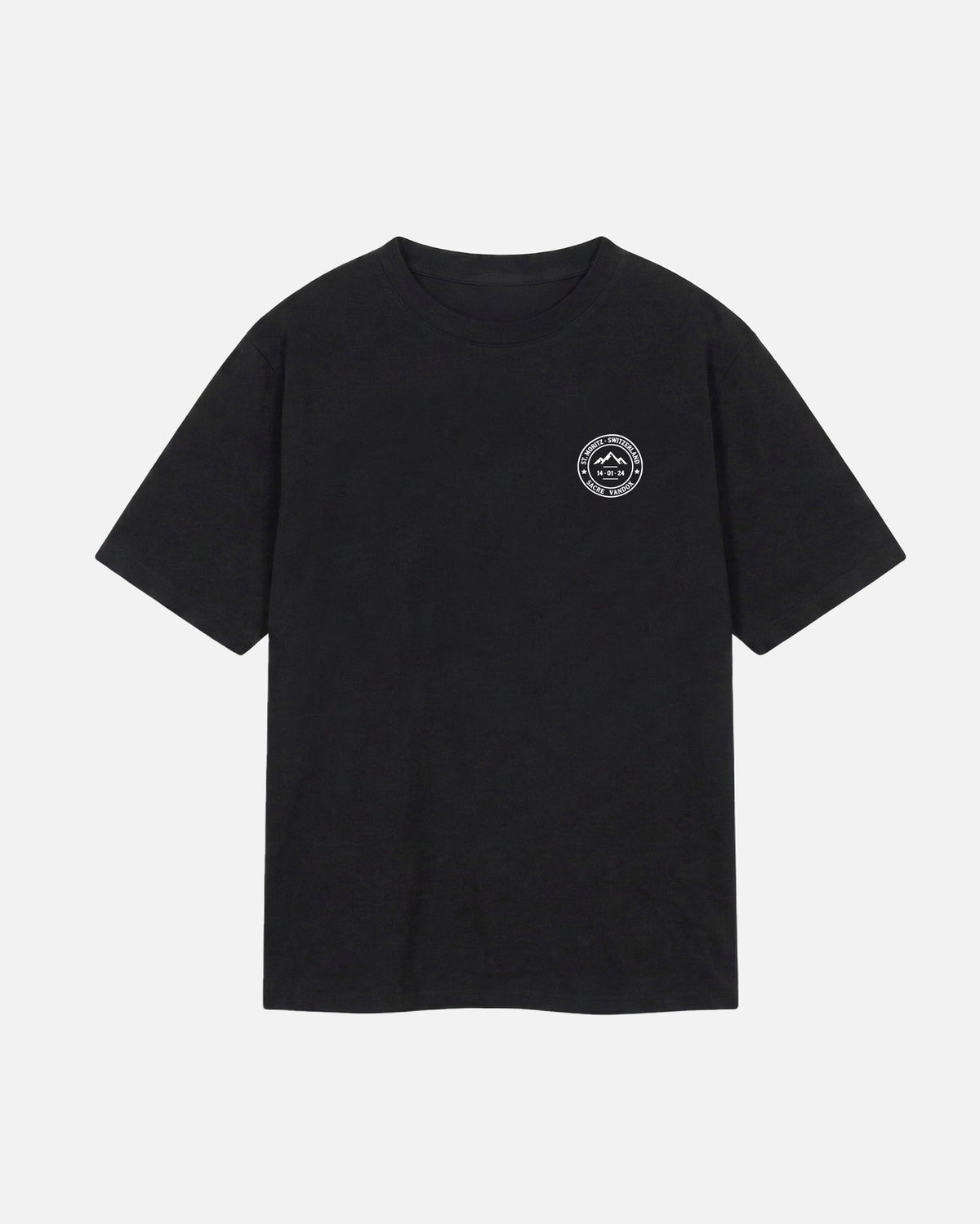 Black Vandox Powder Day t-shirt front view with red St. Moritz Switzerland circular stamp and Sacre Vandox chest graphic. Starboy old money shirt tshirt clothes vandox sacrevandox vandox clothes vandox clothing
