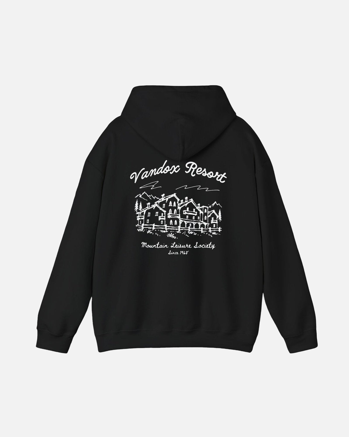 Black Vandox Resort hoodie back view with hand-drawn alpine resort hotel sketch and Vandox Resort Mountain Leisure Society Since 1968 text. Starboy old money hoodie sweatshirt clothes vandox sacrevandox vandox clothes vandox clothing