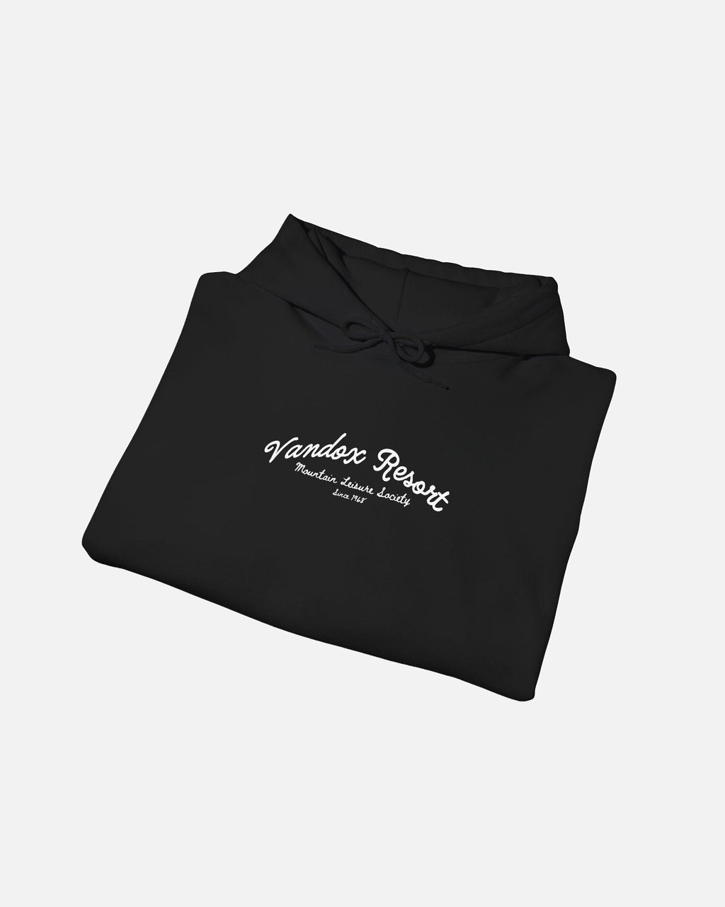 folded view of Black Vandox Resort hoodie with Vandox Resort Mountain Leisure Society script chest graphic. Starboy old money hoodie sweatshirt clothes vandox sacrevandox vandox clothes vandox clothing