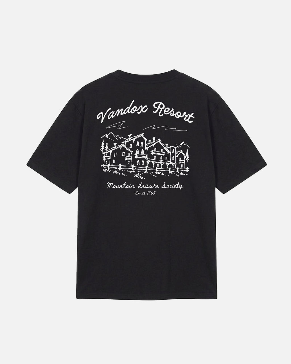 Black Vandox Resort t-shirt back view with hand-drawn alpine resort hotel sketch and Vandox Resort Mountain Leisure Society Since 1968 text. Starboy old money shirt tshirt clothes vandox sacrevandox vandox clothes vandox clothing